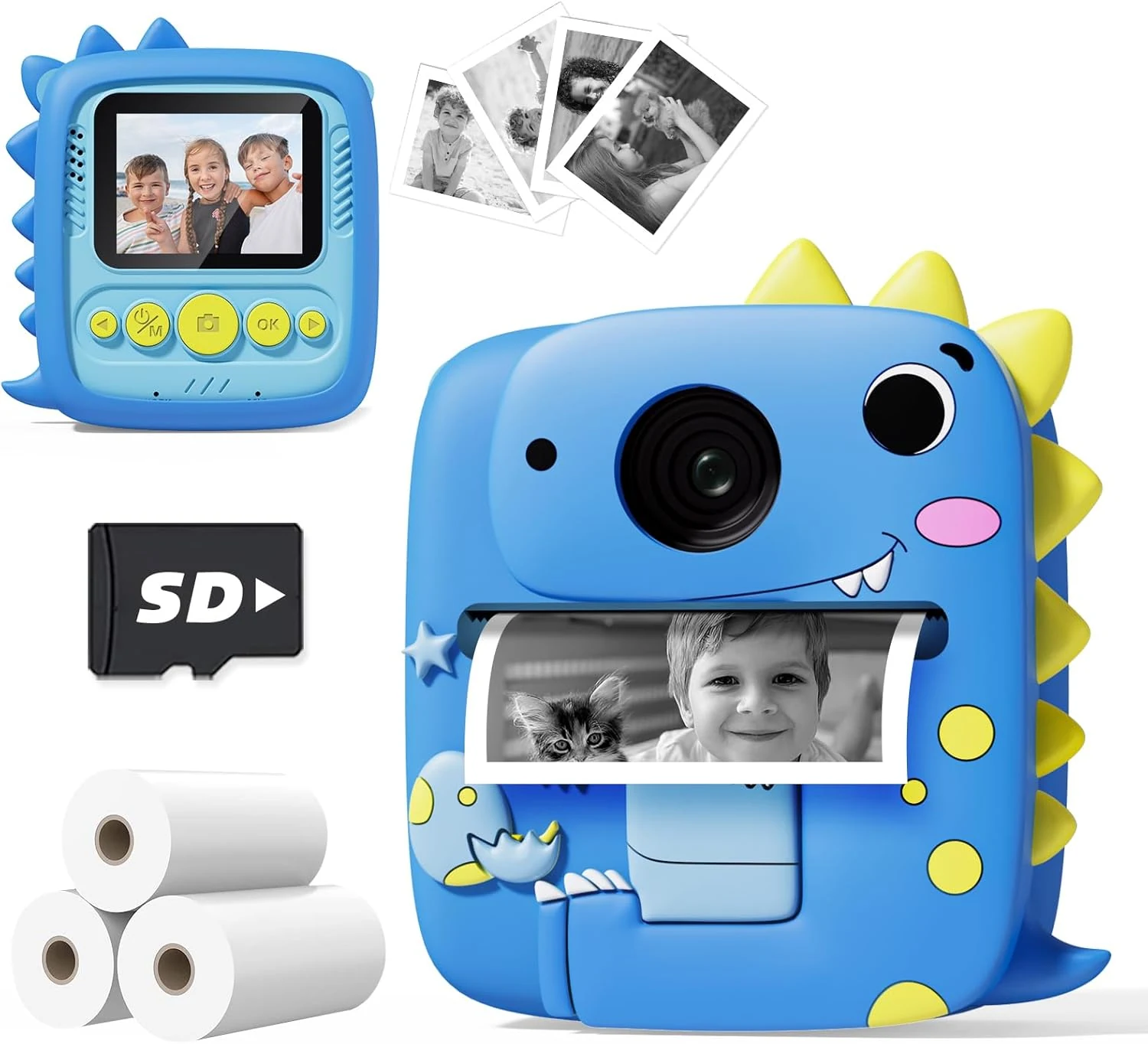 Instant Print Kids Camera with Dinosaur Silicone Case – 1080P toddler digital camera