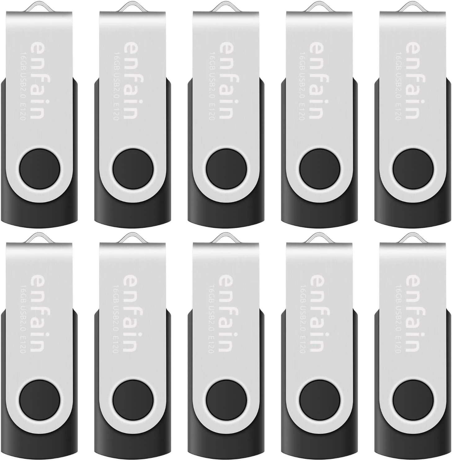 Enfain 16GB USB 2.0 Flash Drive 10 Pack | Swivel Thumb Drives with 31 Labels (Black)