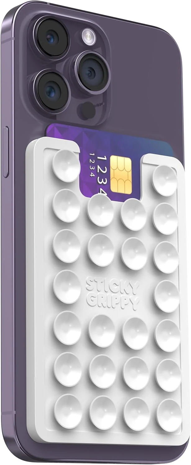 StickyGrippy Suction Phone Card Holder Mount, Phone Wallet, Silicon Adhesive Phone Accessory for iPhone and Android, Hands-Free Mirror Shower Phone Holder, TikTok Videos and Selfies (White)