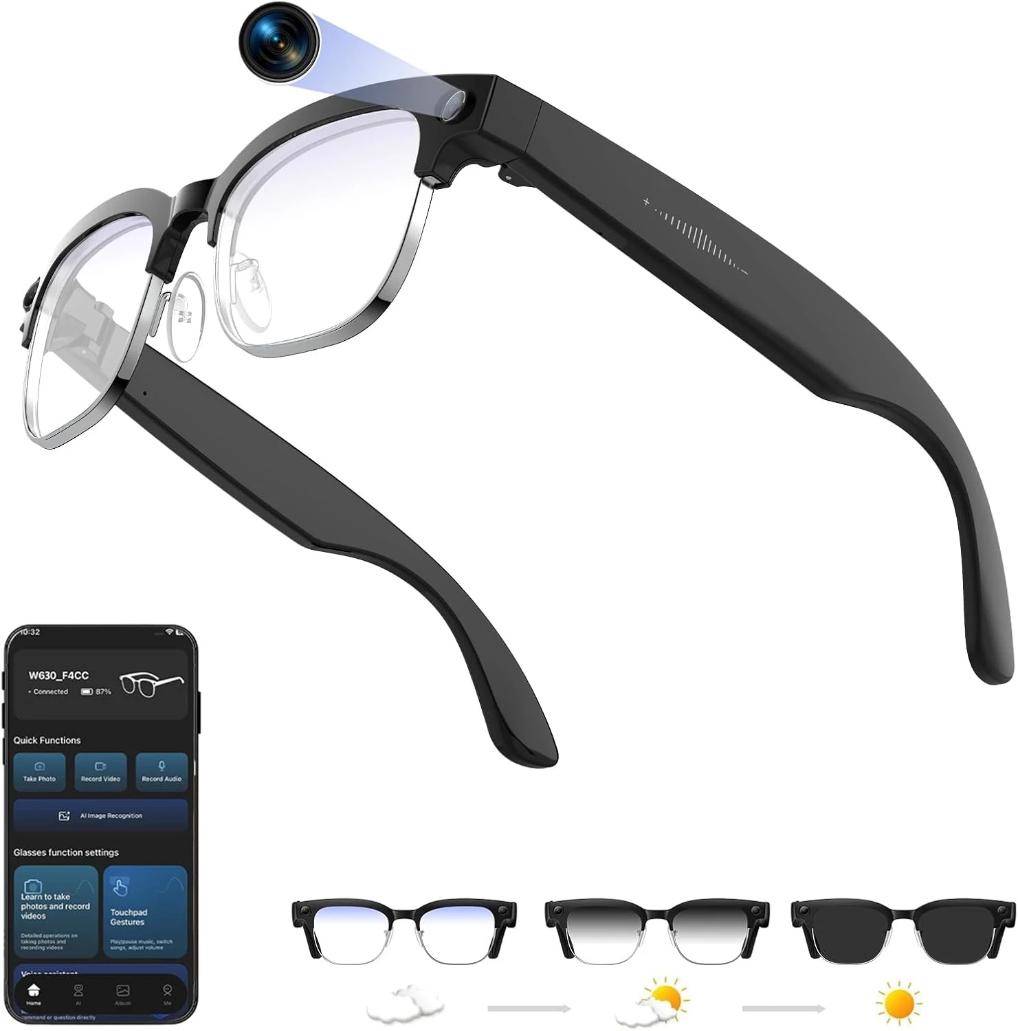 AI Smart Glasses with Camera, 8MP Anti-Shake Bluetooth Camera Glasses (W630)