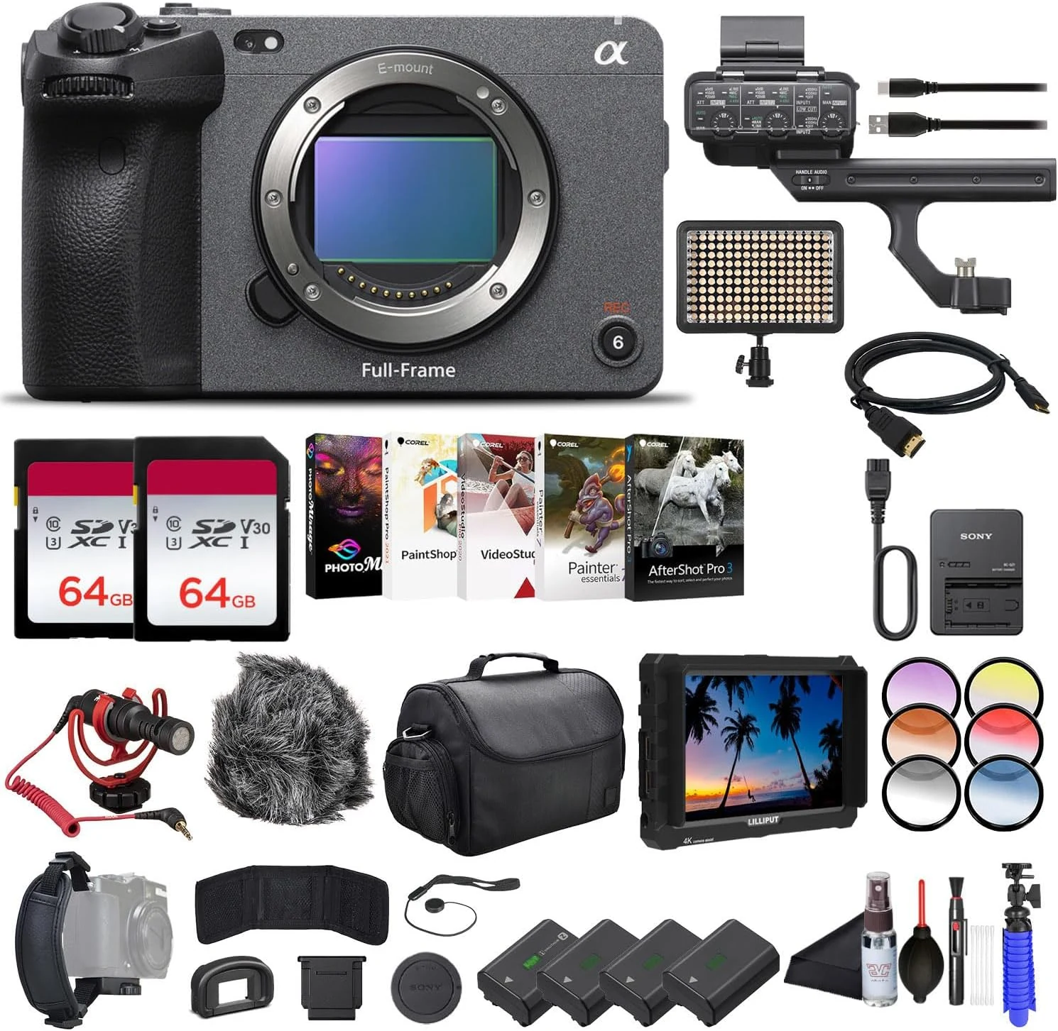 Sony FX3 Full-Frame Cinema Camera ILME-FX3, 4K Monitor, 2 x 64GB Memory Card, Bag, 3 x NP-FZ100 Compatible Battery, LED Light, Card Reader, Corel Photo Software, Compact Mic, and More
