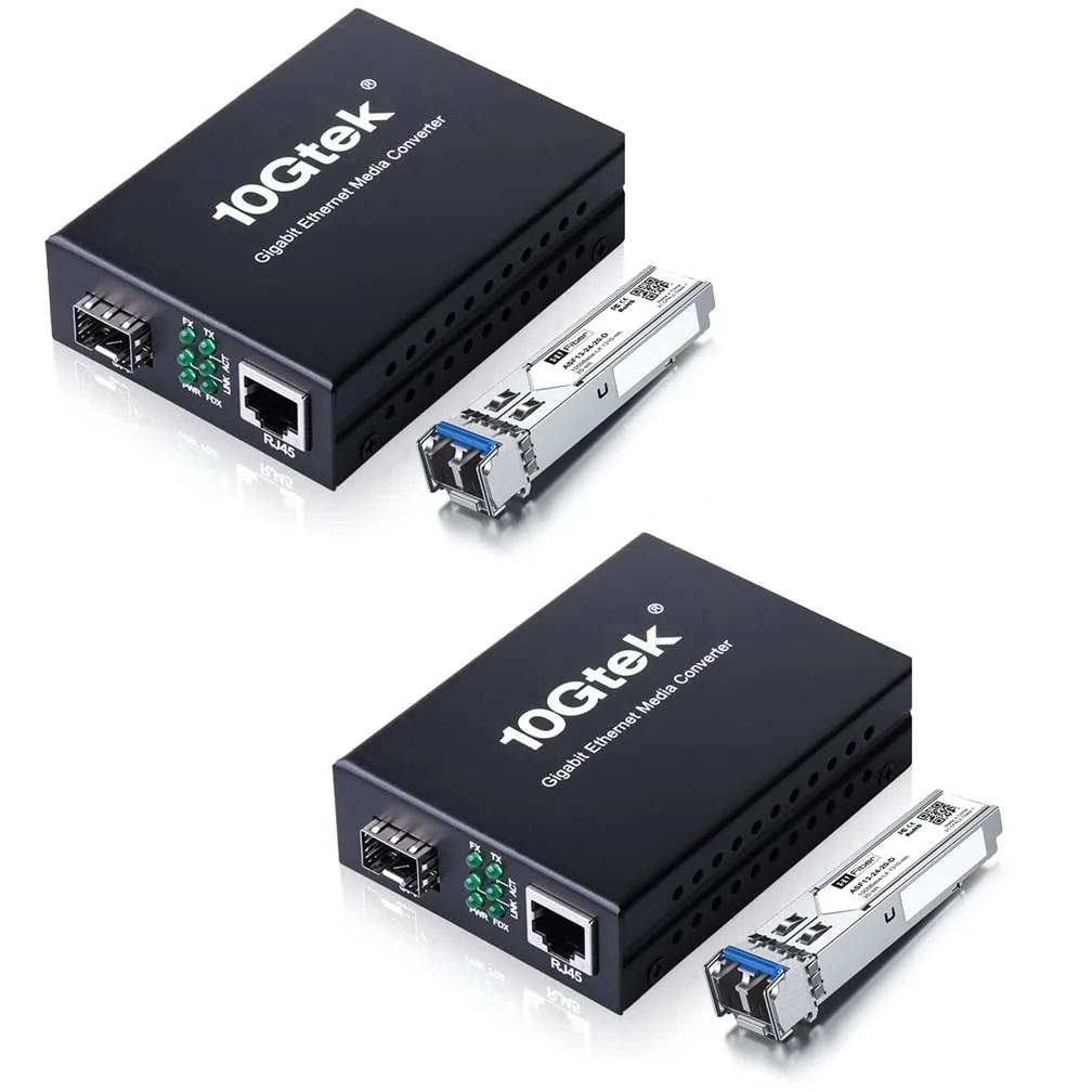 A Pair of Gigabit Single Mode LC Fiber Media Converter, with 2 Pcs SFP LX Modules, 1.25G/s Fiber to Ethernet Converter, 1000Base-LX to 10/100/1000base-TX, SFP to RJ45, SMF, 1310nm, up to 20km