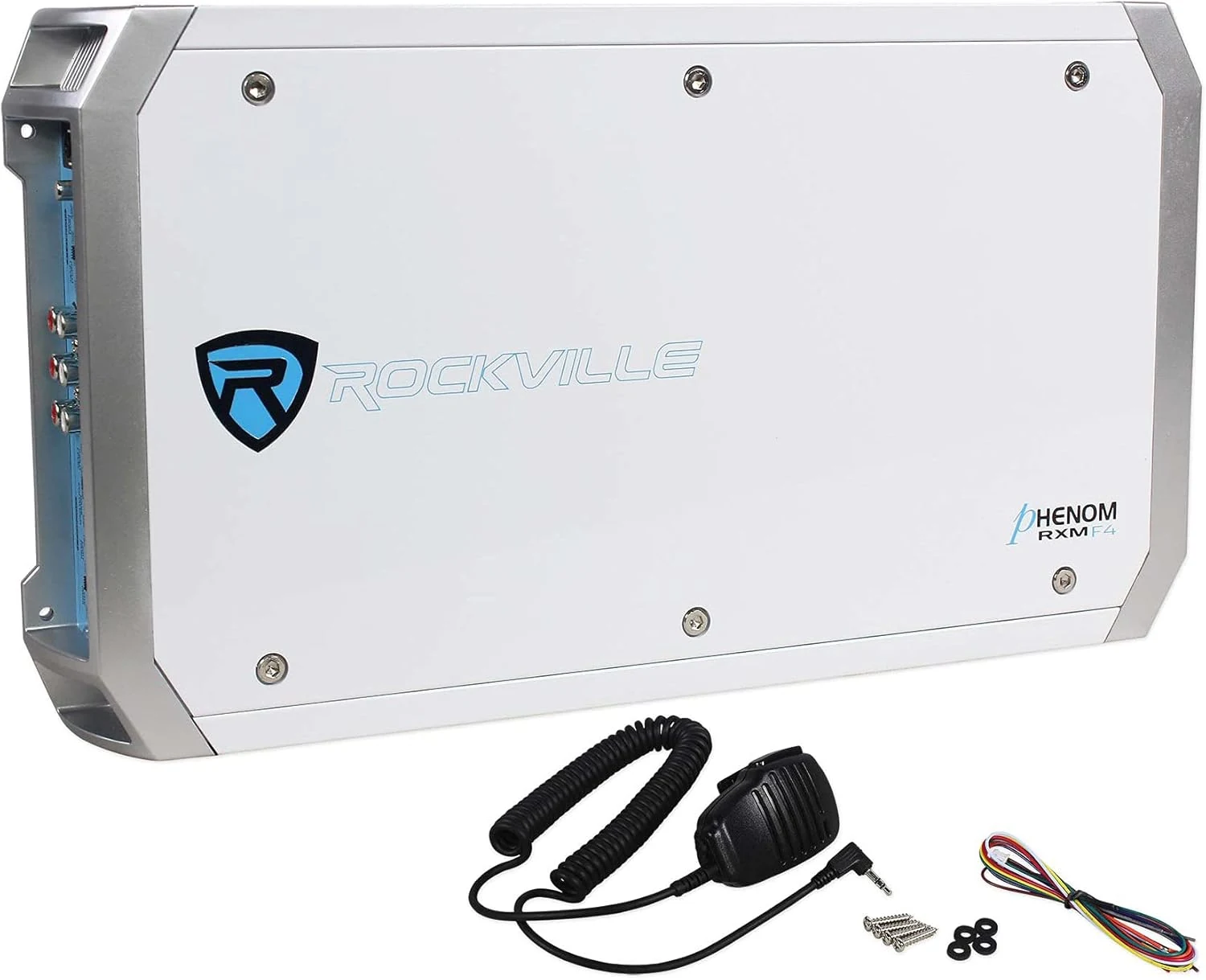 Rockville RXM-F4 2400W Peak/600W RMS 4-Channel Amplifier, PA Microphone, Conformal