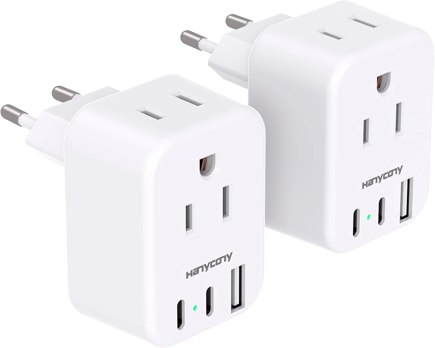 HANYCONY European Travel Plug Adapter (2 Outlets + 2 USB-C, 2-Pack)
