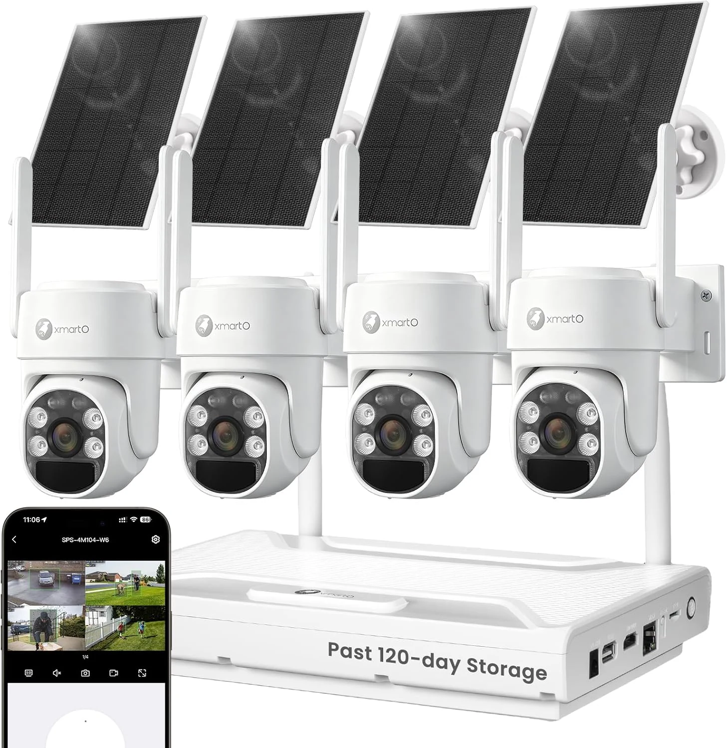 xmartO Wire-Free Solar PTZ AI Tracking Security Camera System, 4-Cam Kit