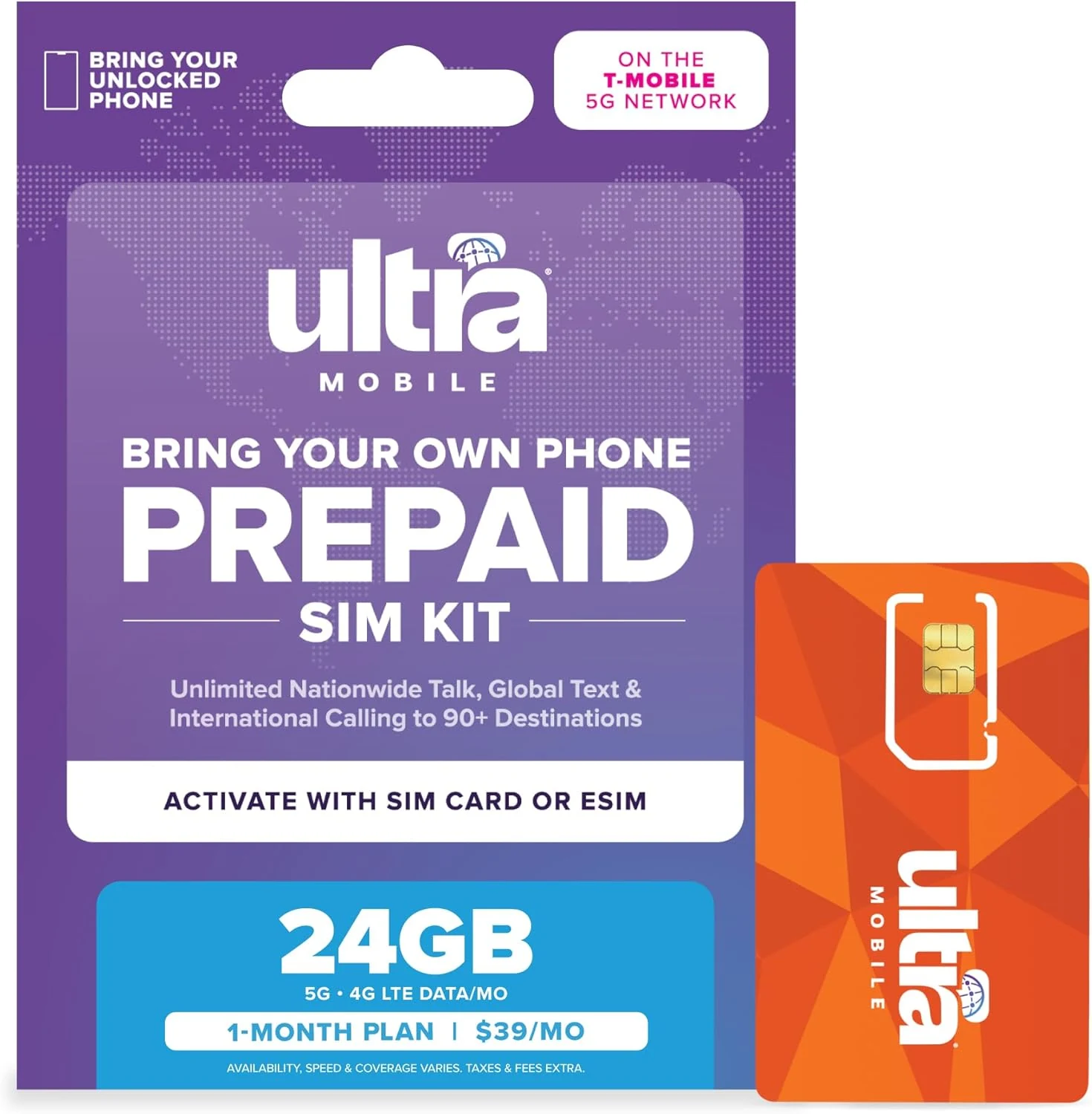 $39/mo. Ultra Mobile Prepaid Phone Plan with Unlimited Talk, Text, & 24GB of 5G • 4G LTE Data for 1 Month (3-in-1 SIM Card Kit)