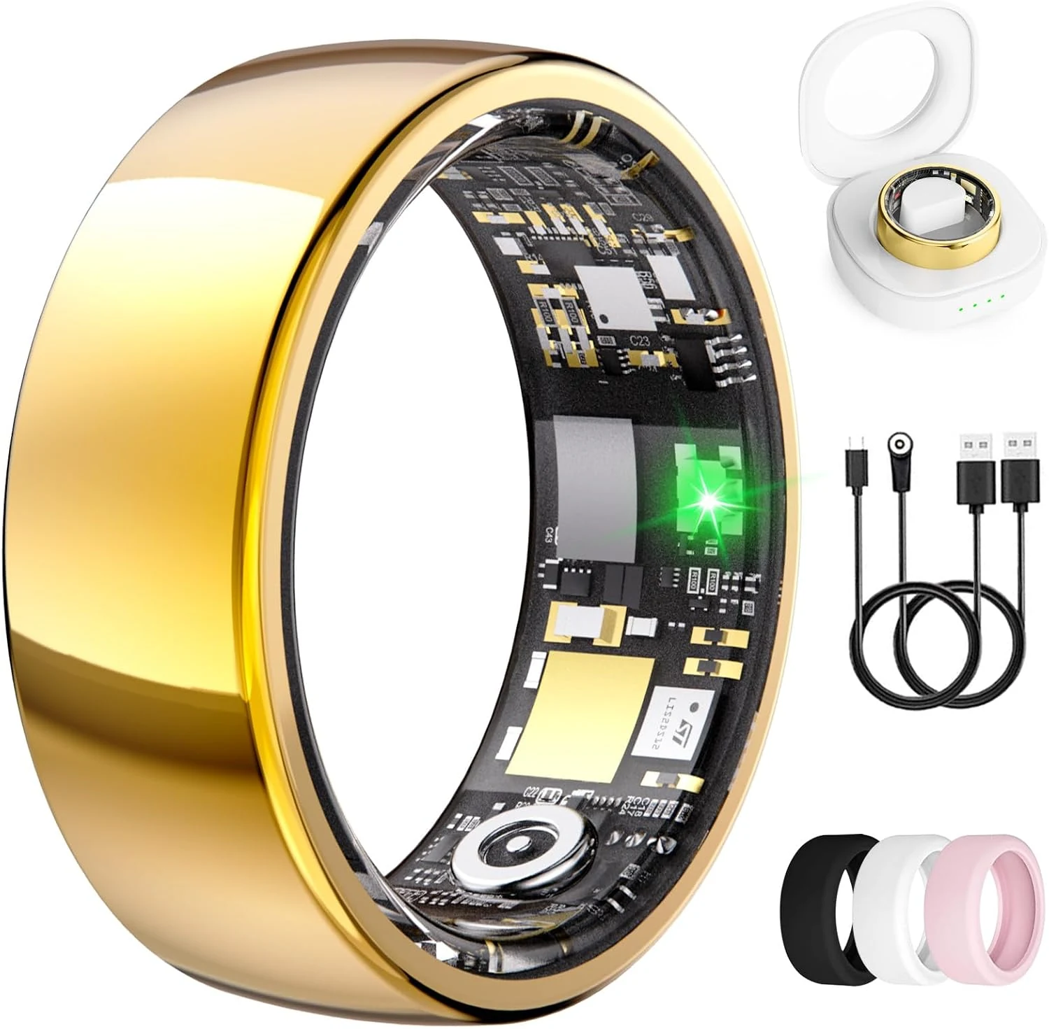 Smart Ring for Women & Men, Health Tracker Ring with Heart Rate, Blood Oxygen,Blood Pressure, IP68 Waterproof Fitness Ring, Sleep Tracker for iPhone and Android, No APP Fee (Gold, 11#)