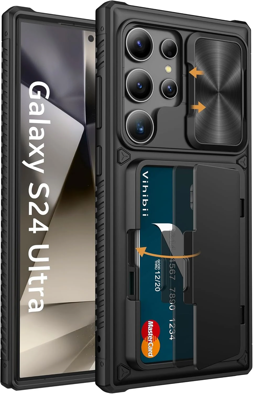 Vihibii for Samsung Galaxy S24 Ultra Case with Card Holder (4 Cards) & Slide Camera Cover & Kickstand, Shockproof Rugged Hard Back & TPU Soft Edge Wallet Case (Black)