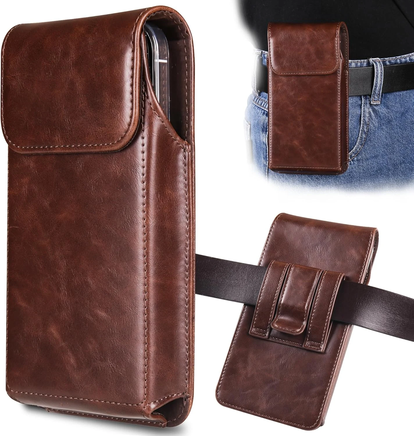 INGIDO leather phone holster with belt clip (iPhone 17/16/15/14 Pro Max, 16/15/14 Plus, and select Galaxy models)