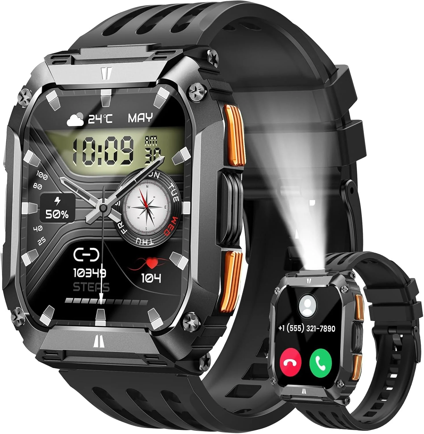 FOSMET G68 rugged tactical smart watch with LED flashlight and long battery