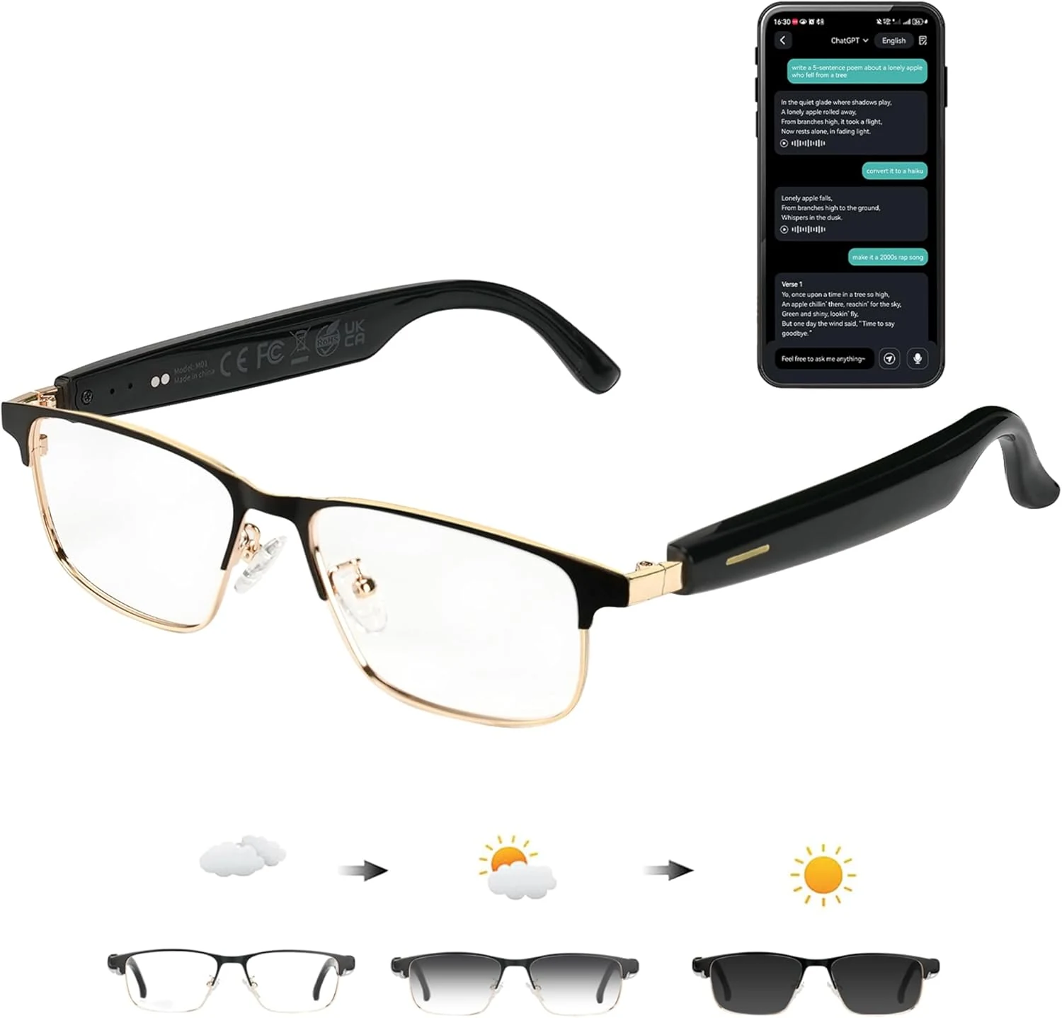 OICIIDO AI Translation Smart Glasses with Chat GPT (Bluetooth, 164+ Languages, Color-Change Lenses)