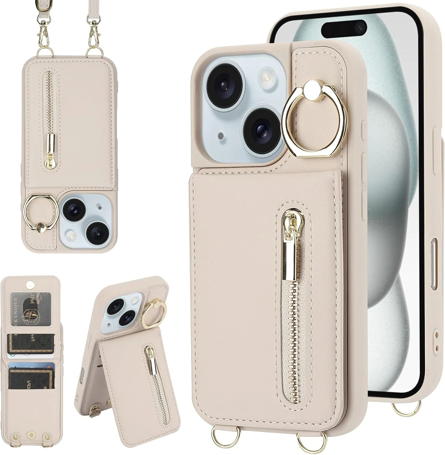 for iPhone 13/14 Wallet Case with Strap Card Slot Holder RFID Blocking Ring Kickstand, Magnetic Flip Folio Zipper Crossbody Purse Case with Lanyard (Beige)