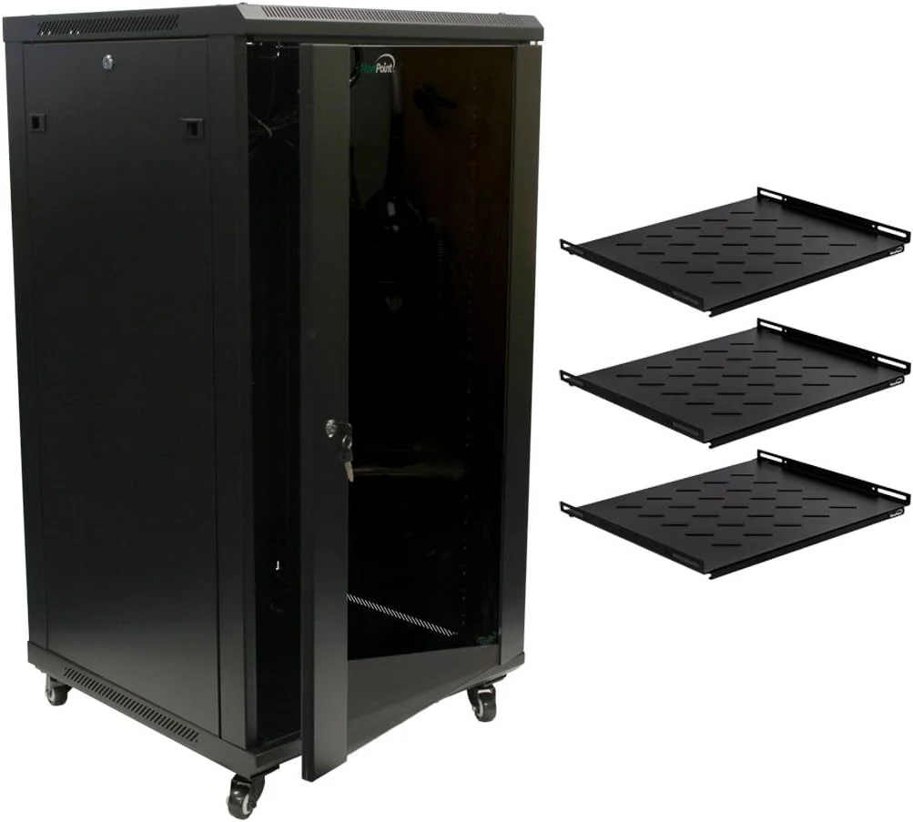 NavePoint 22U Server Rack Enclosure with Shelves, Caster Wheels, 2 Fans, Locking Glass Door, Removable Side Panels