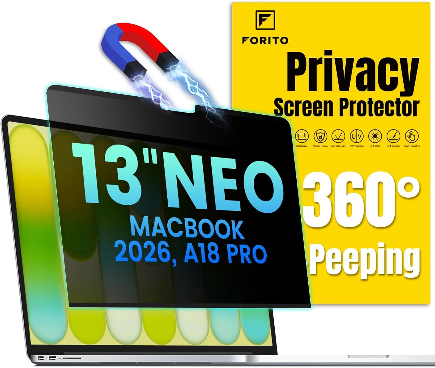 F FORITO Magnetic Privacy Screen Protector Compatible with 2026 MacBook Neo 13 inch with A18 Pro Chip