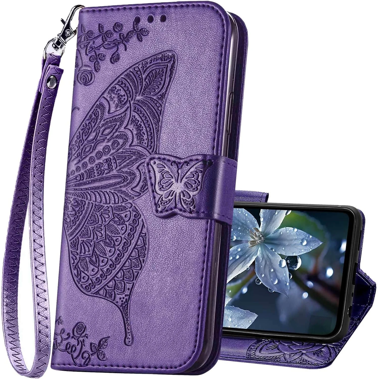 KRHGEIK for Galaxy A16 5G Phone Case Wallet, Women Flip Cover with Credit Card Holders Butterfly Embossed PU Leather Stand Wrist Strap Purse Protective Case (Purple)