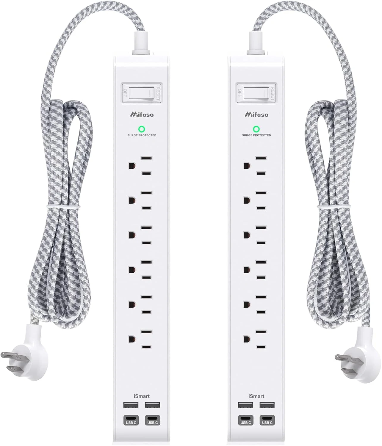 2 Pack Power Strip, 12FT Long Extension Cord, Surge Protector with 6 Outlets and 4 USB Ports (2 USB C)
