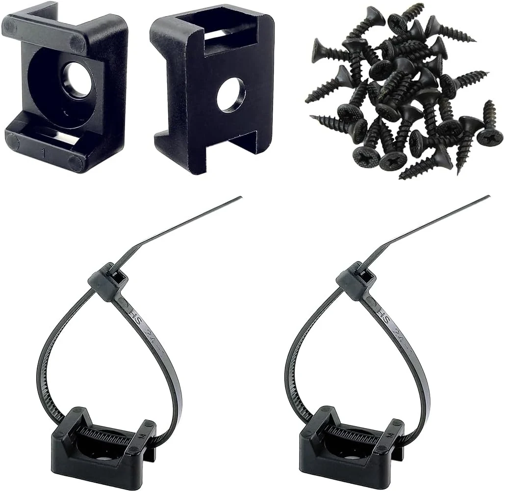 HS Saddle Type Cable Zip Tie Mounts Base Kit with Screw Hole, Set Strong 6 Inch Nylon Cable Ties and Screws (100 pcs)
