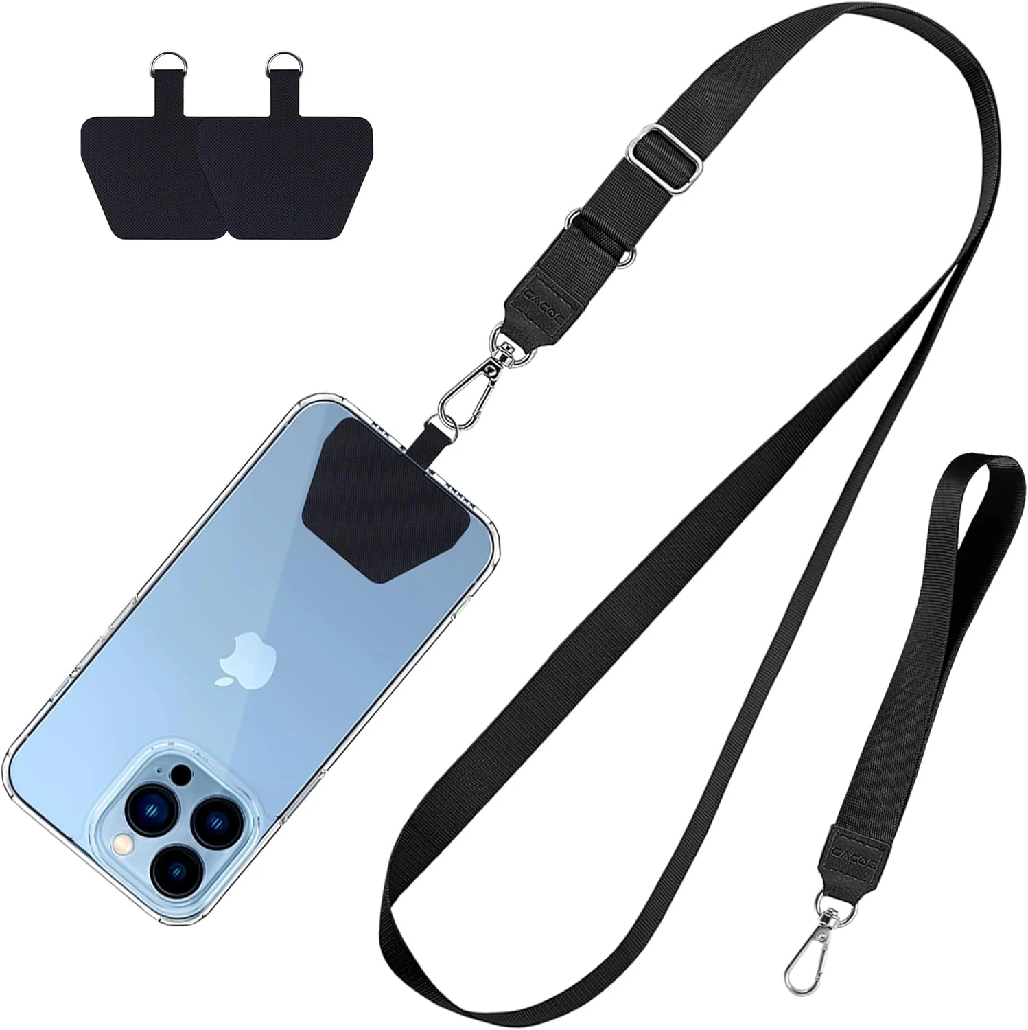 CACOE Phone Lanyard 2 Pcs-1 Pcs Adjustable Neck Strap,1 Pcs Wrist Strap,2 Pads,Universal Crossbody Multifuctional Cell Phone Lanyards Compatible with Most Smartphones(Black)