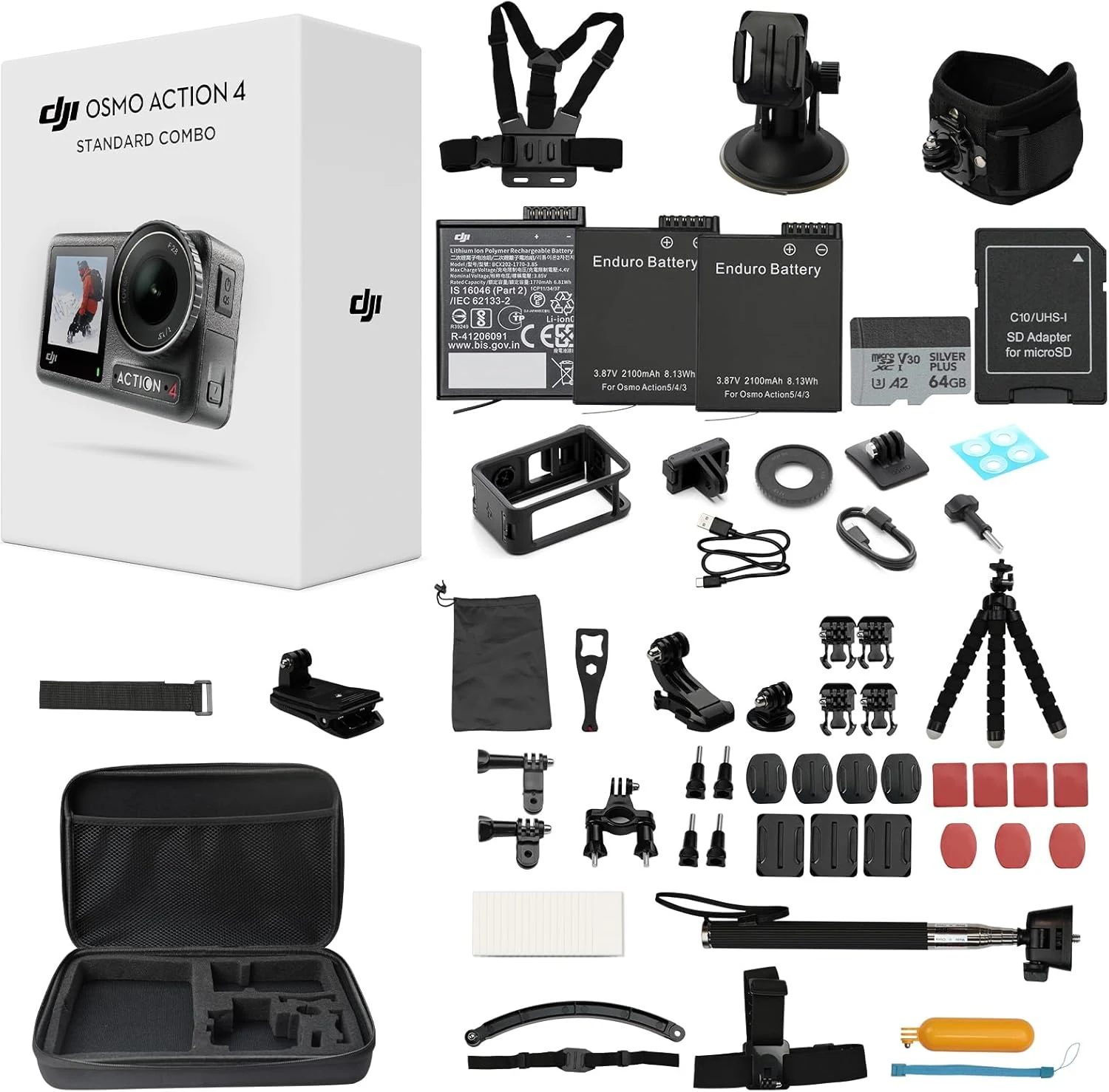 DJI Osmo Action 4 Waterproof Action Camera Bundle, 1/1.3" Sensor, 4K/120fps Video, Stunning Low-Light Imaging, Original Standard Combo + 58 Piece Accessory Kit + 2 Extra Batteries + 64GB Card
