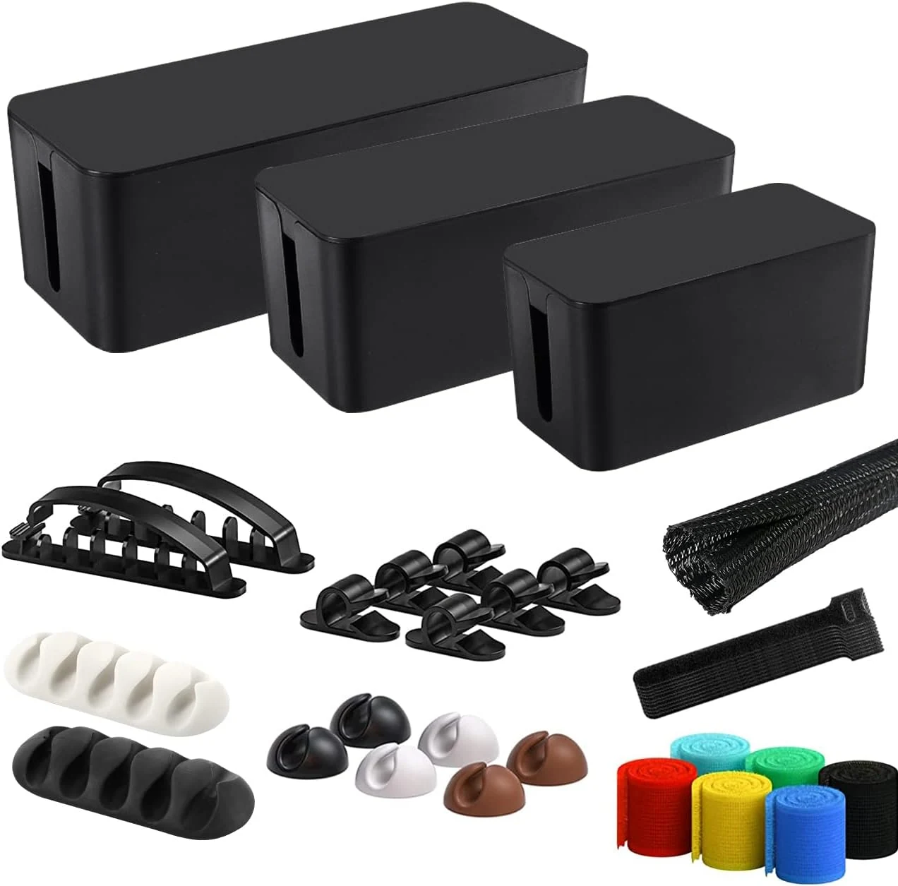 Cable Management Box, 3 Pack Cord Organizer Boxes with 33 PCS Cable Management Set (Black)