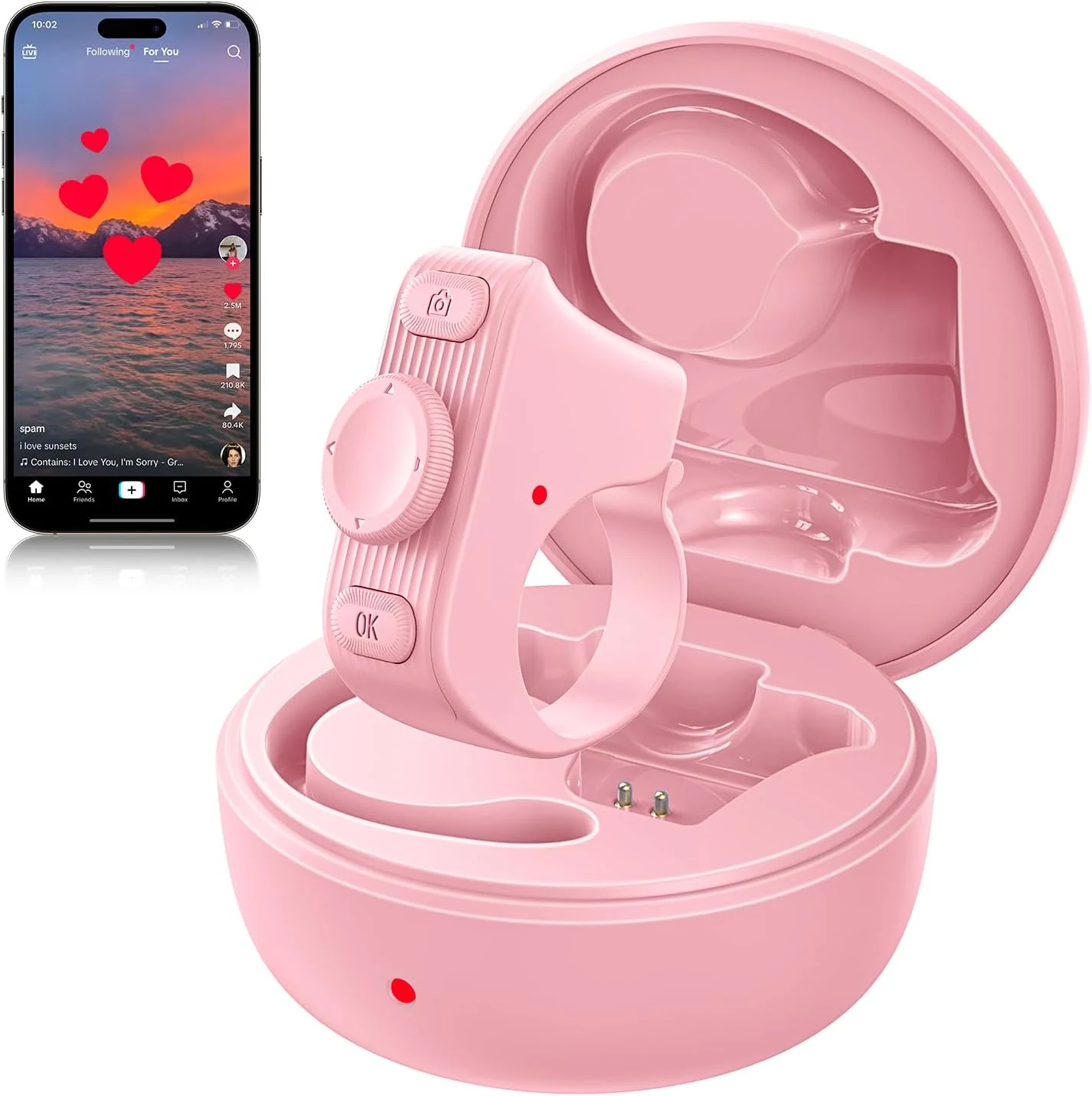 [Quick Connect, New Features] Remote Scrolling Ring for Tiktok,Page Turner for Kindle App,Bluetooth Camera Shutter Remote for iPhone, Android,iOS,iPad,Tablet-Light Pink