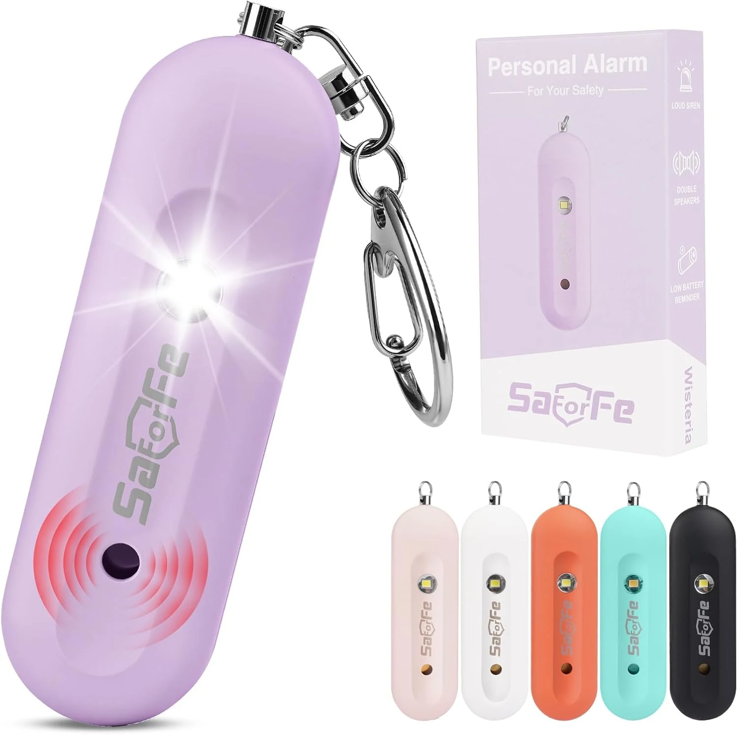 SaForFe personal safety alarm (140dB siren, strobe, IP56, USB-C rechargeable)