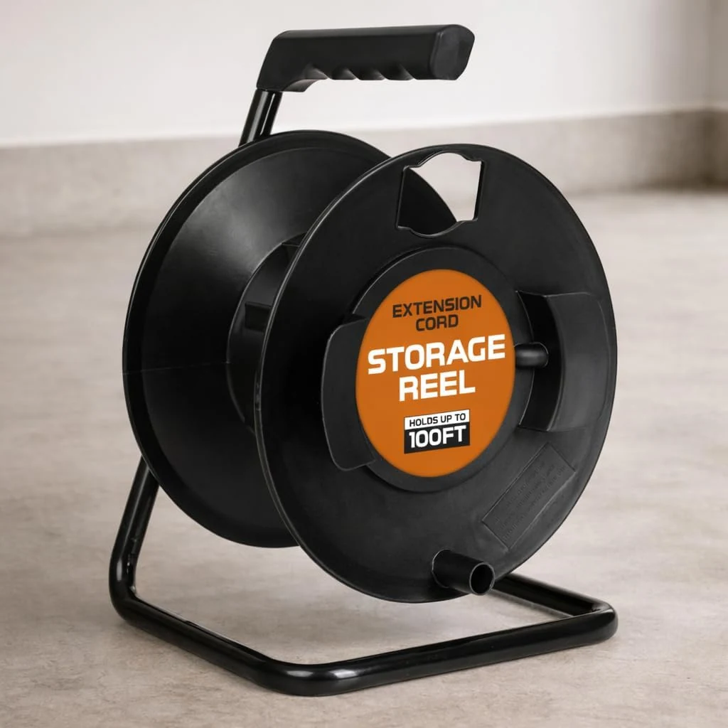 IRON FORGE CABLE Extension Cord Storage Reel with Metal Stand, Black