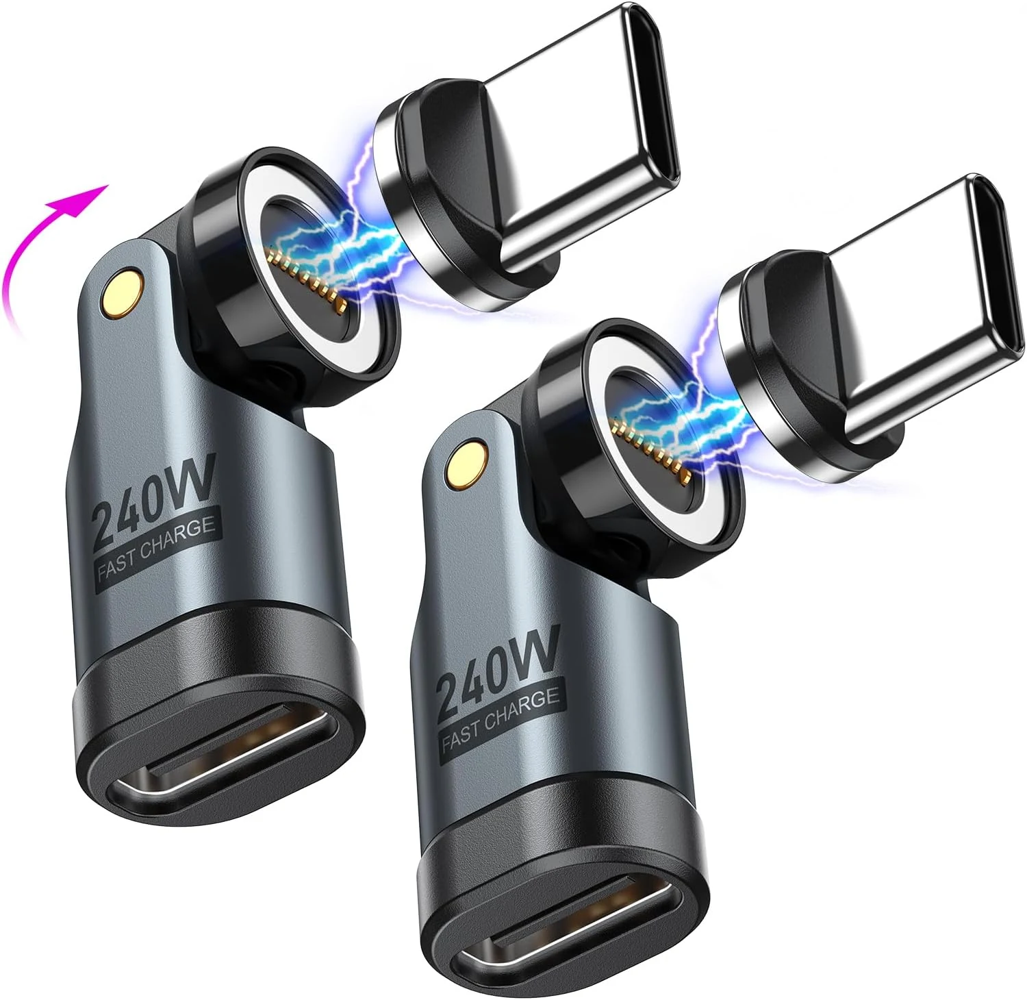 VAFOTON USB C Magnetic Adapter PD 240W (2Pack), 9Pin USB-C 90 Degree + 360/180 Rotation