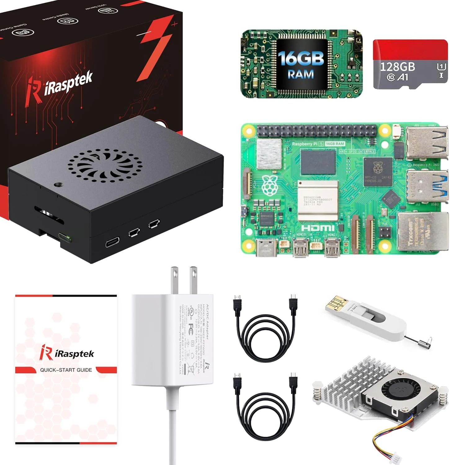 iRasptek Starter Kit for Raspberry Pi 5 16GB RAM - Pre-Loaded with 128GB Edition Pi OS (Aluminum Case)