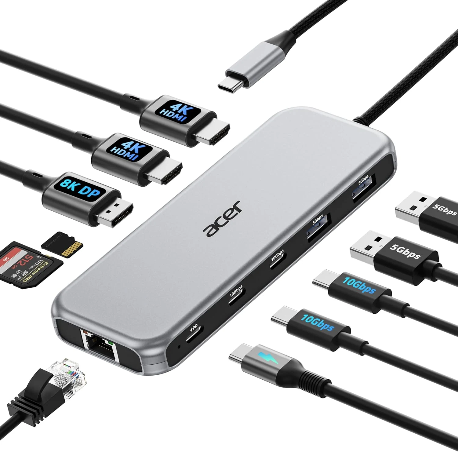 Acer Laptop Docking Station 3 Monitors, 11-in-1 USB C Docking Station with 8K DP, HDMI 4K@60Hz, 10Gbps Data, 1 Gbps Ethernet Hub, 100W Power Delivery, SD/TF