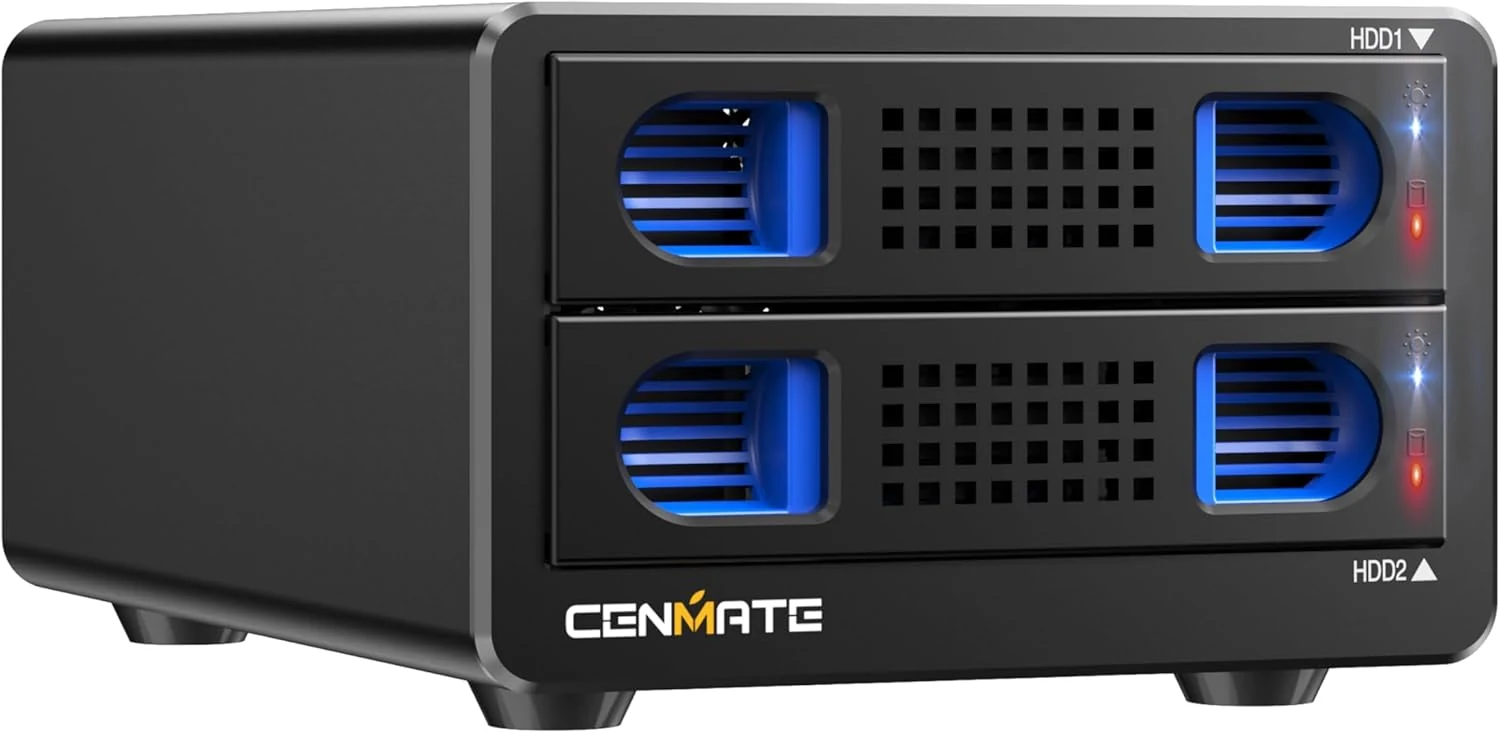 CENMATE Aluminum 2 Bay Hard Drive Enclosure with Cooling Fan for 2.5“/3.5" SATA HDD/SSD with USB A/C 3.0