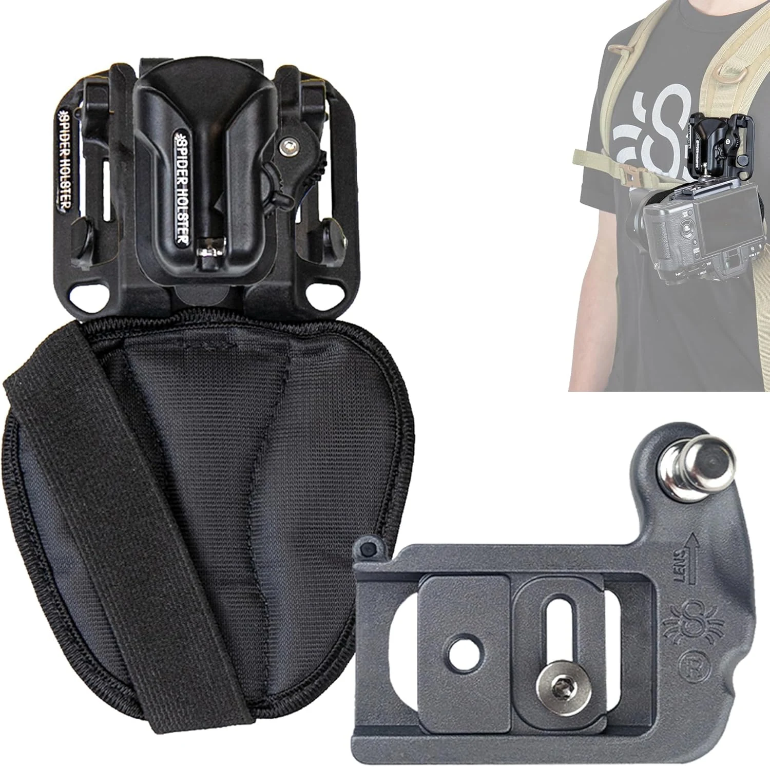 SPIDER HOLSTER – Clip-on Camera Holster and Camera Plate with Durable Stainless Steel Pin – Compatible with Any Belt