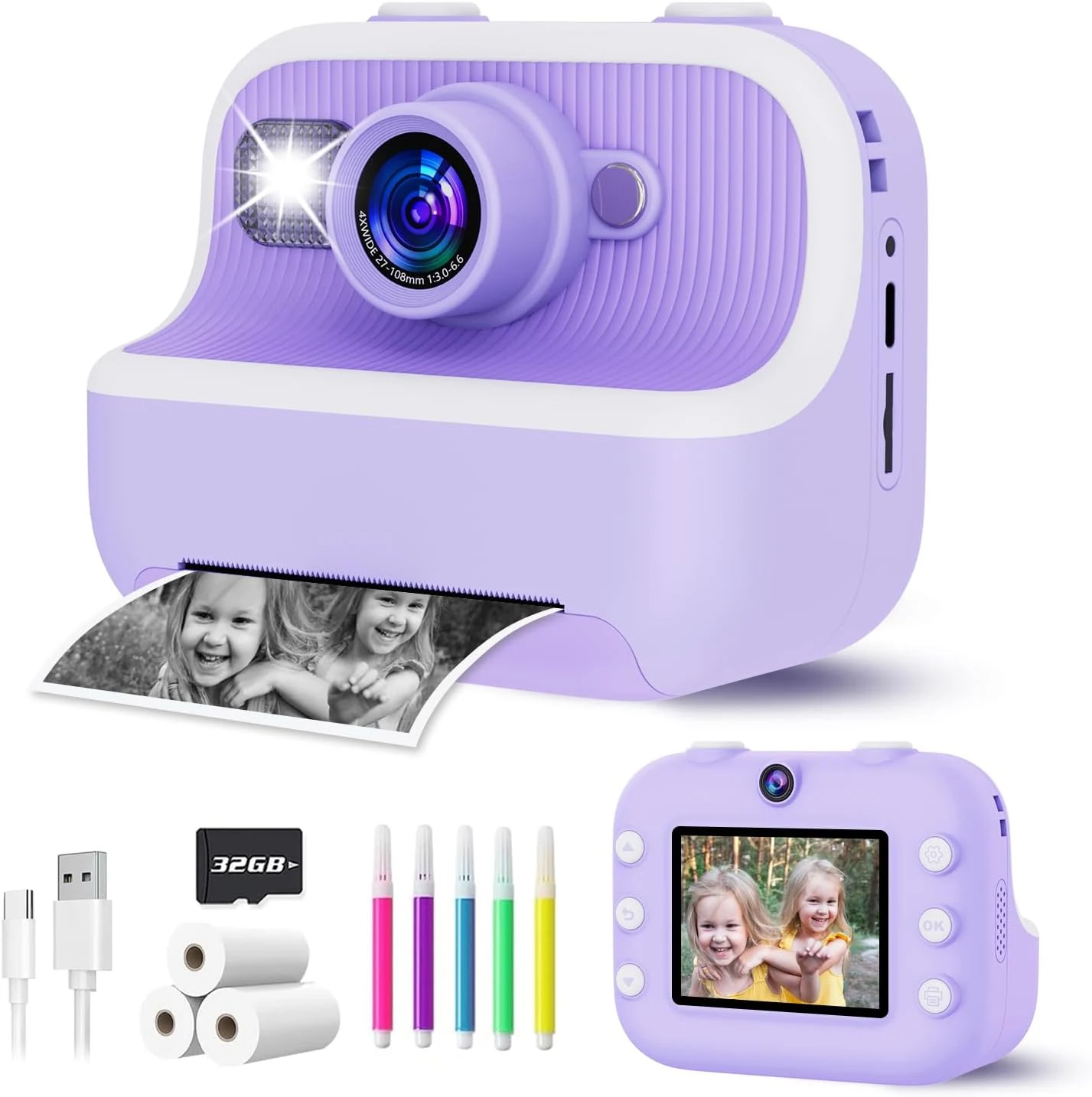 Instant Print Camera for Kids, Christmas Birthday Gifts for Girls Boys, Kids Camera Instant Print with Dual Cameras 1080P Digital Camera Toys for 4 5 6 7 8 9 10 Year Old Girl with 32GB SD Card-Purple