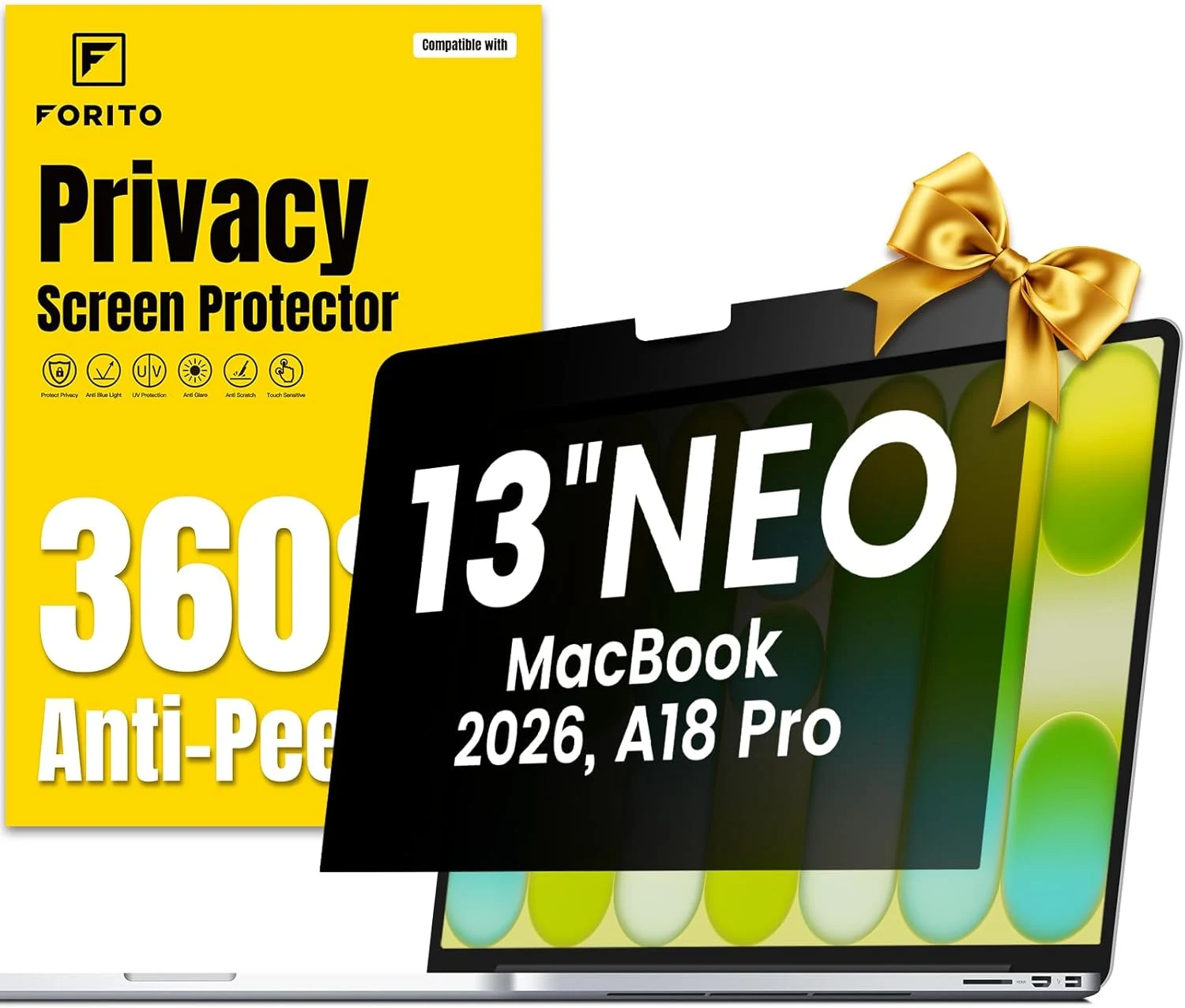 F FORITO 360° Privacy Screen Protector Compatible with 2026 MacBook Neo 13 inch A18 Pro Chip (A3404)