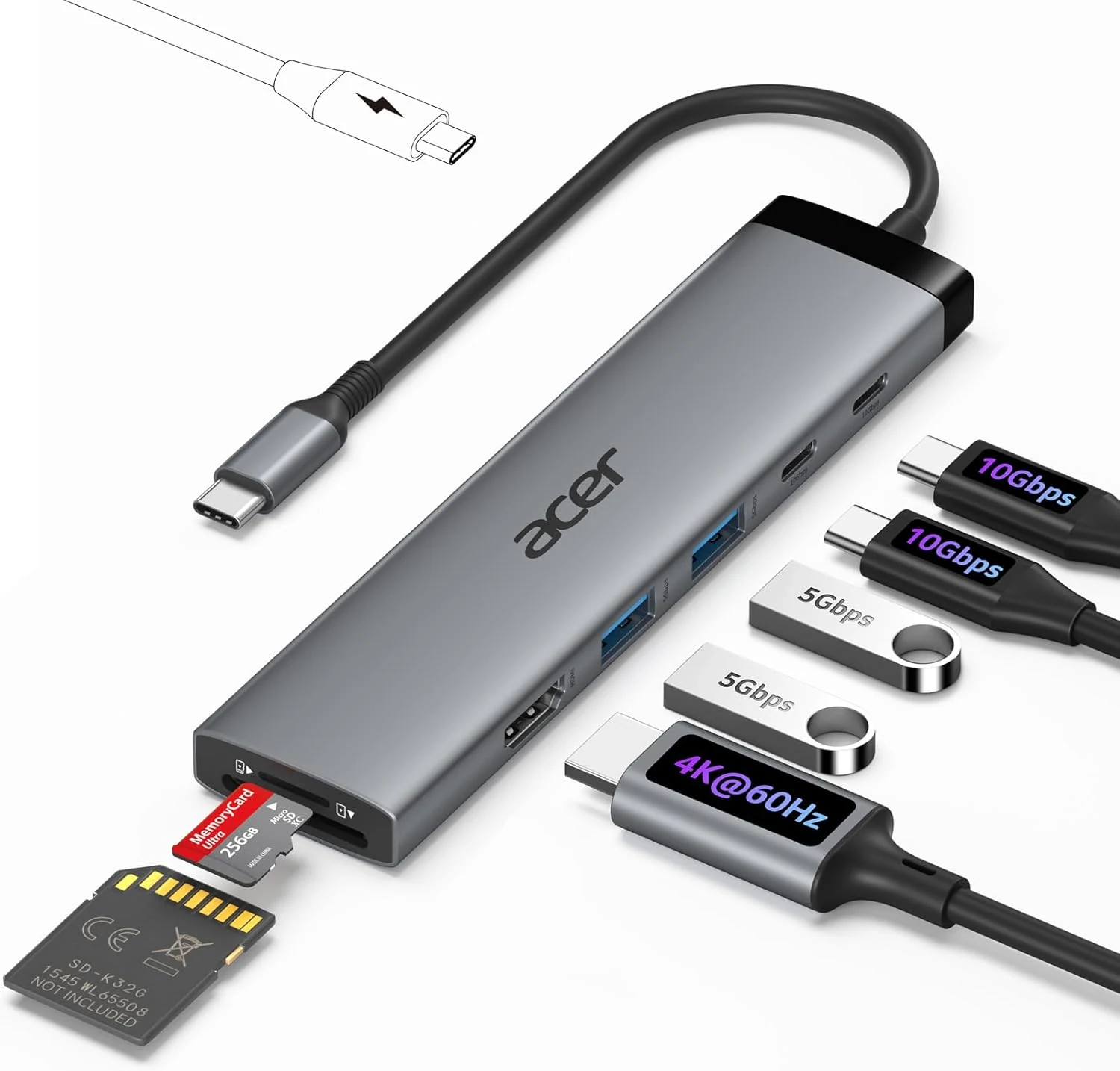 Acer 8 in 1 USB C Hub 10Gbps, USBC to HDMI Adapter 4K@60Hz with 100W PD