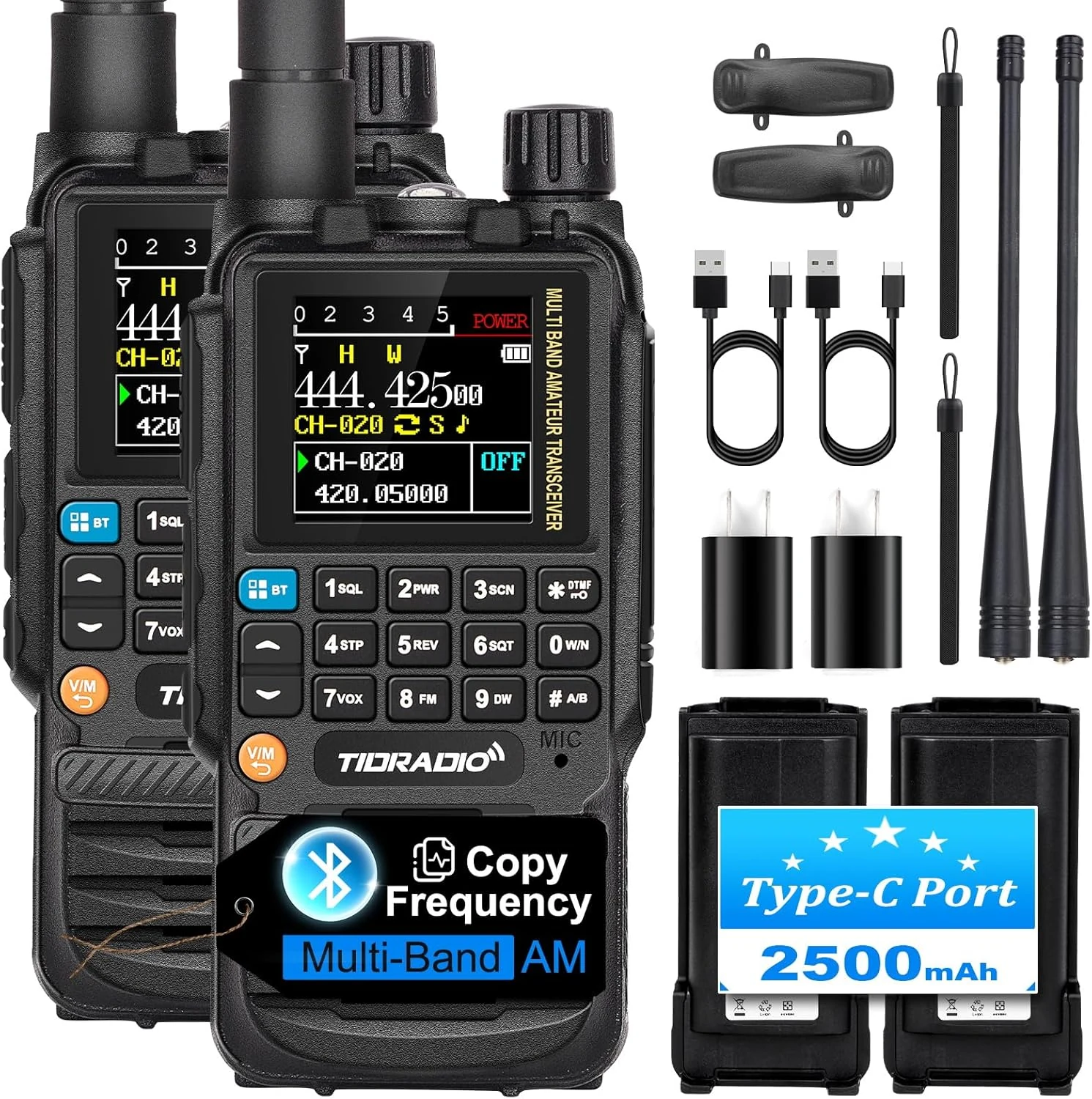 TIDRADIO TD-H3 GMRS Handheld Radio, USB-C Programming & Charging, Multi-Band Long Range Walkie Walkies with GMRS Repeater Capable, 2500mAh Rechargeable Battery (2-Pack)