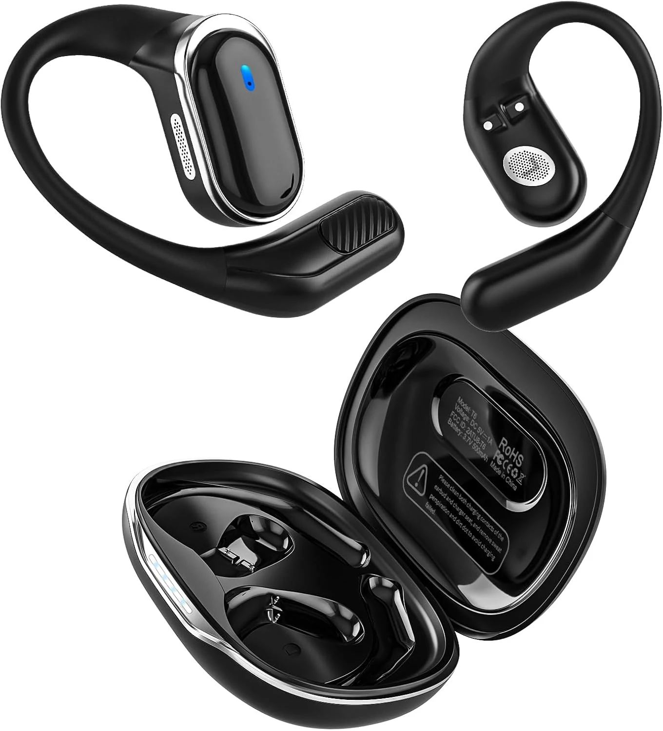 TRAUSI Open Ear Wireless Earbuds Bluetooth Headphones, 80H Playtime Stereo Ear Buds with ENC Noise Cancelling, Fast Charging, IPX7 Waterproof Sports Earphones with Earhook for Running/Workouts Black