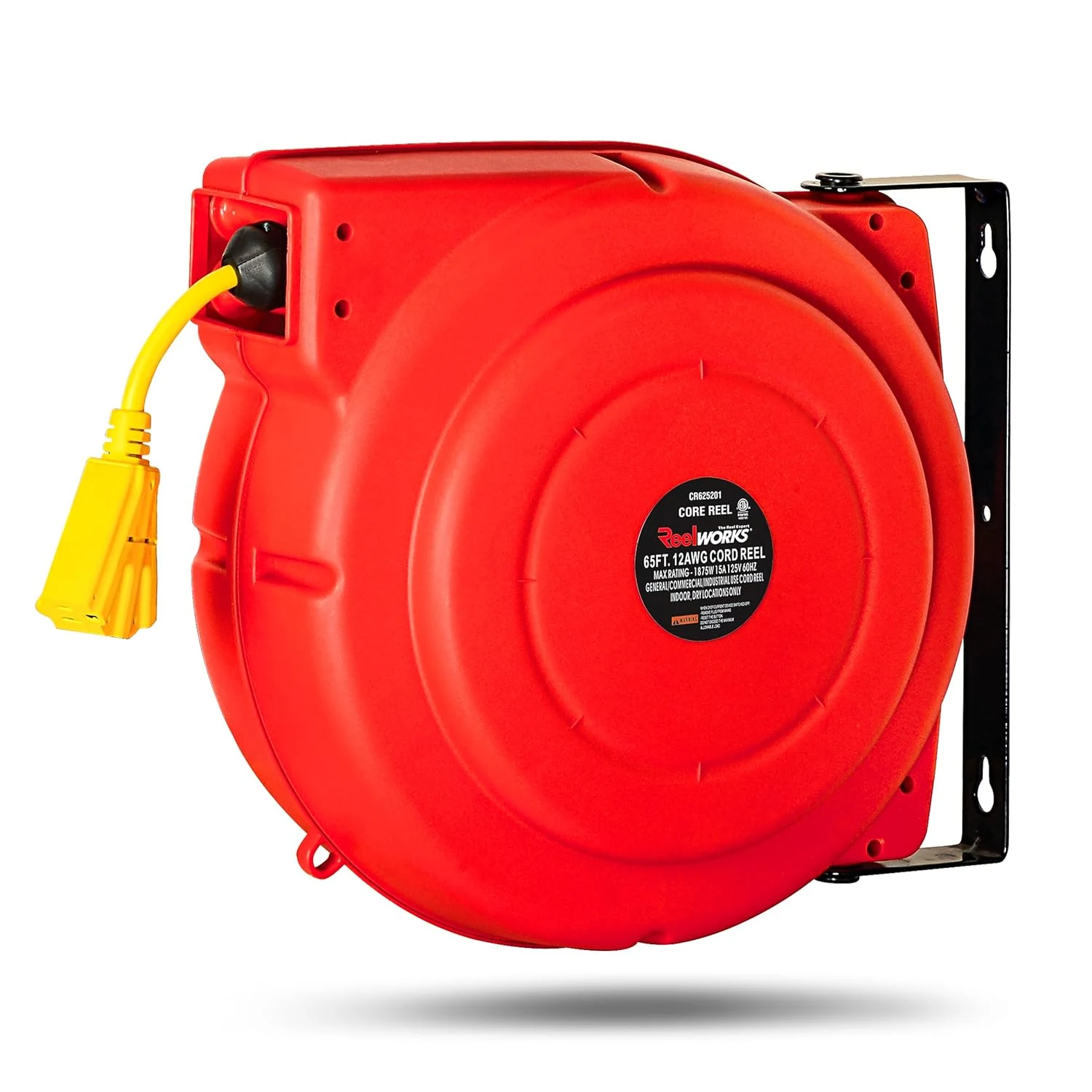 ReelWorks Extension Cord Reel Retractable 12AWG x 65' Foot 3C/SJT Heavy Duty Commercial Cable Triple Tap Connector Power 15A 125VAC 1875W