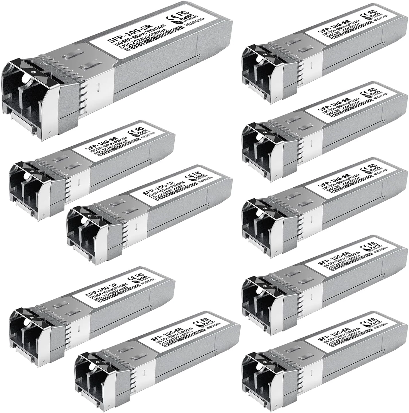 10Pack 10GBase-SR SFP+ Module, Multi-Mode LC Ethernet Transceiver (850nm, up to 400m)