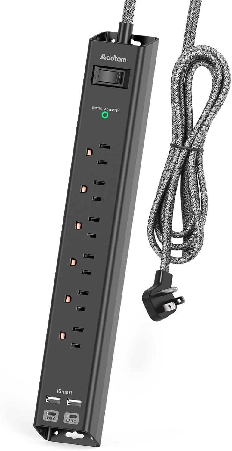 Addtam Surge Protector Power Strip (Flat Plug, 6 AC + 4 USB, 900J)