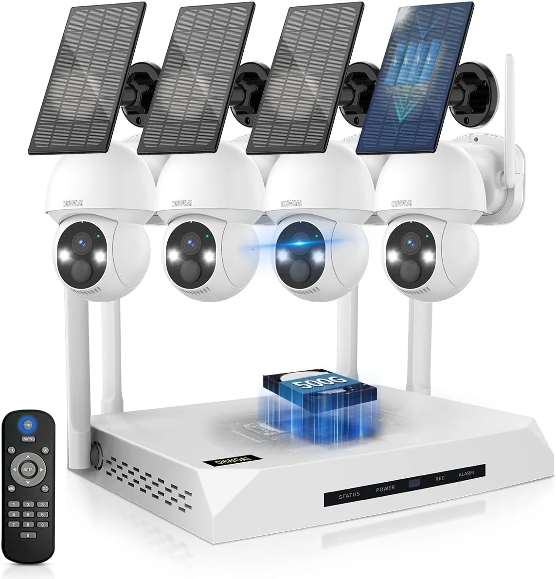 OHWOAI 《100% Solar Powered &Full 360° Coverage》Outdoor Wireless PTZ Camera System, 4MP Solar Powered Battery Cameras, Home Video Surveillance Systems