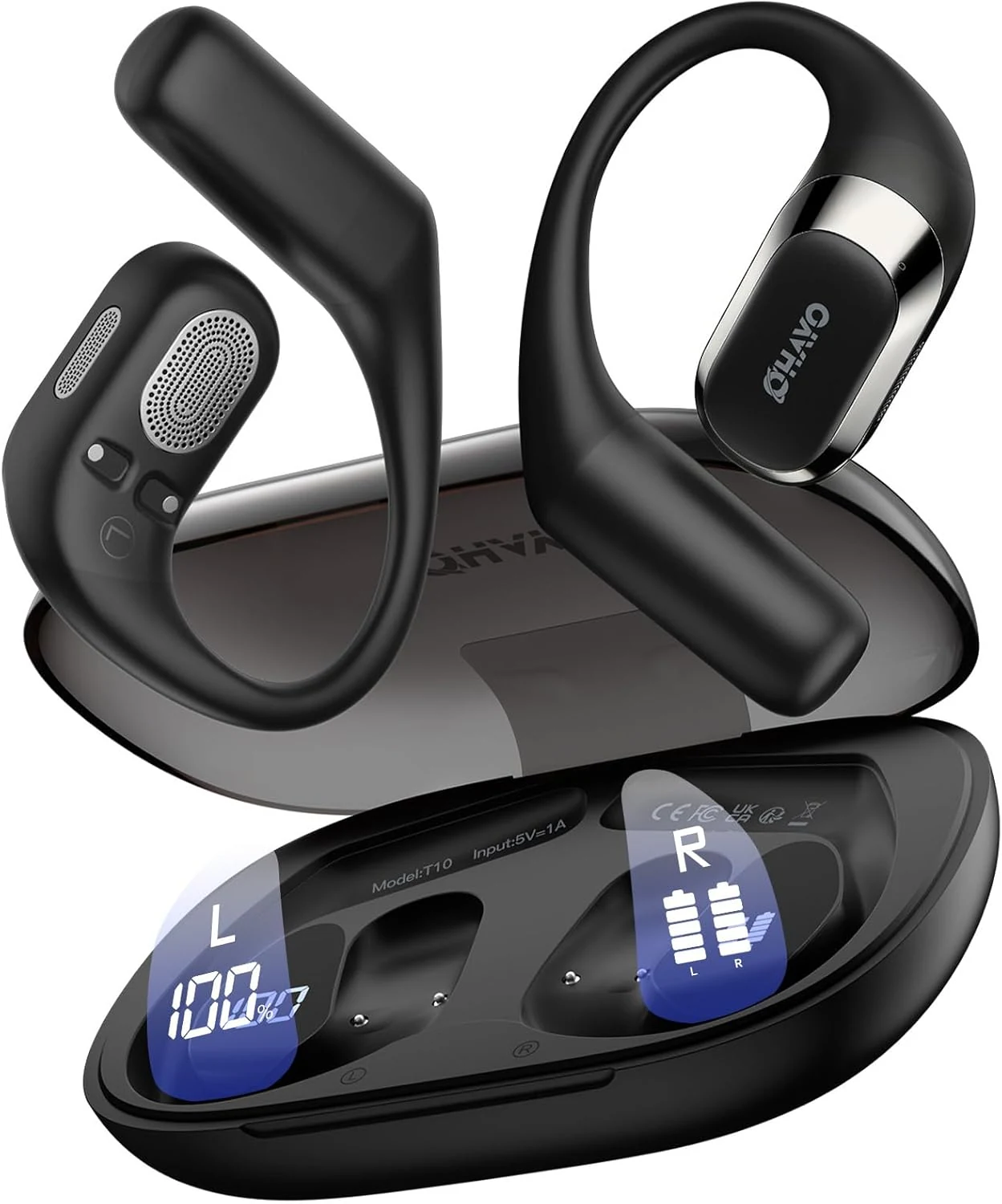 OHAYO Open Ear Headphones, Over Ear Earbuds with Ergonomic Earhook, Bluetooth Headphones 5.4 with Smart Digital Display, 40H Playtime, IPX6 Waterproof, Touch Control Operate Fit Cycling, Running, Workout