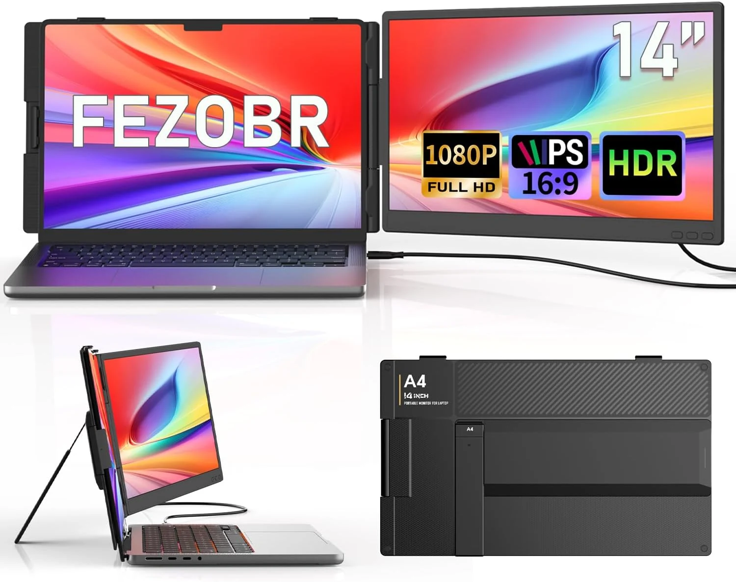 14" Laptop Screen Extender, 1080P FHD Dual Portable Monitor for Laptop with Speaker, USB-C/HDMI Plug & Play, Extended Screen for Mac/Windows/Chrome, Fit 13-17.3" Laptops