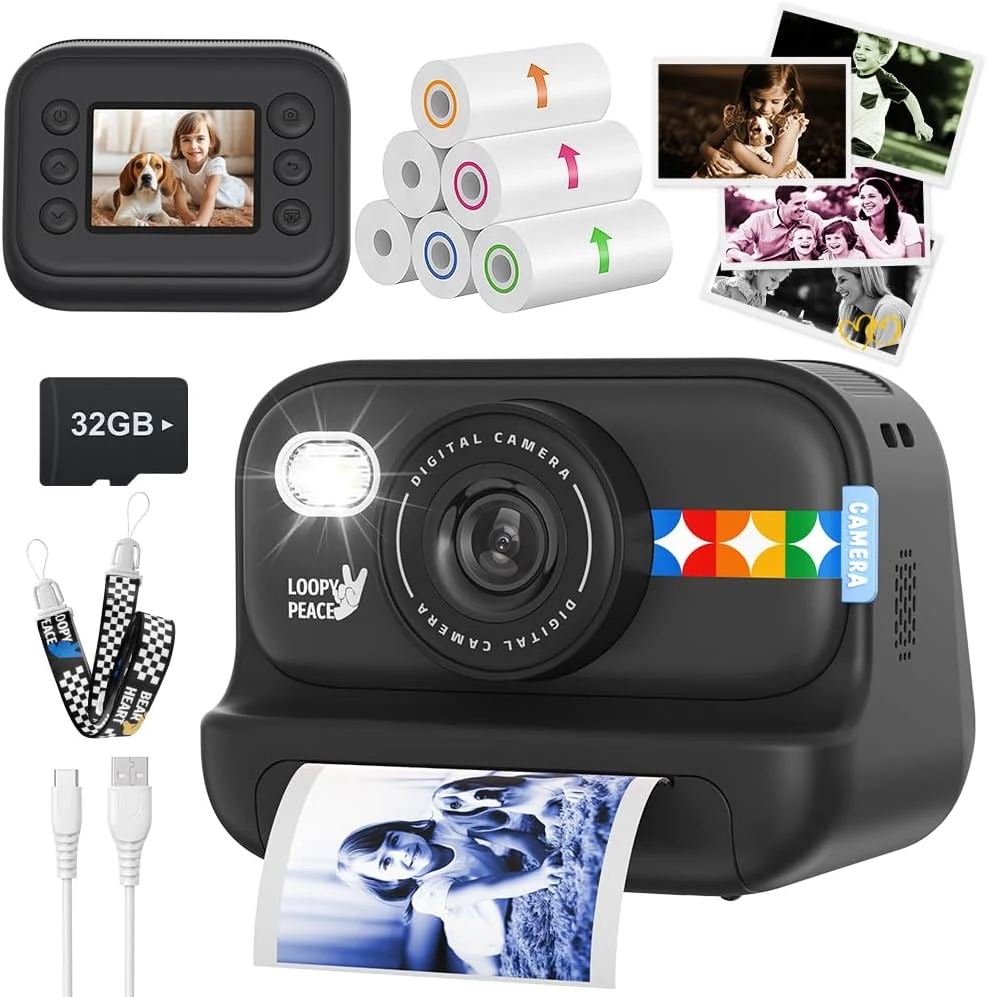 Kids Color Instant Print Camera – Kids Camera with 5 Color Photo Paper, 48MP & 1080P Video, 21 Fun Frames, 32G Card