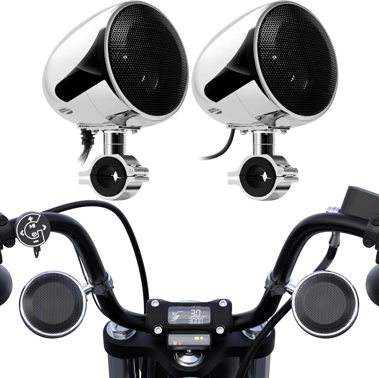 GoHawk Motorcycle Bluetooth Speakers with Built-in Amplifier (IP56 Waterproof, AUX/USB, 4-inch)