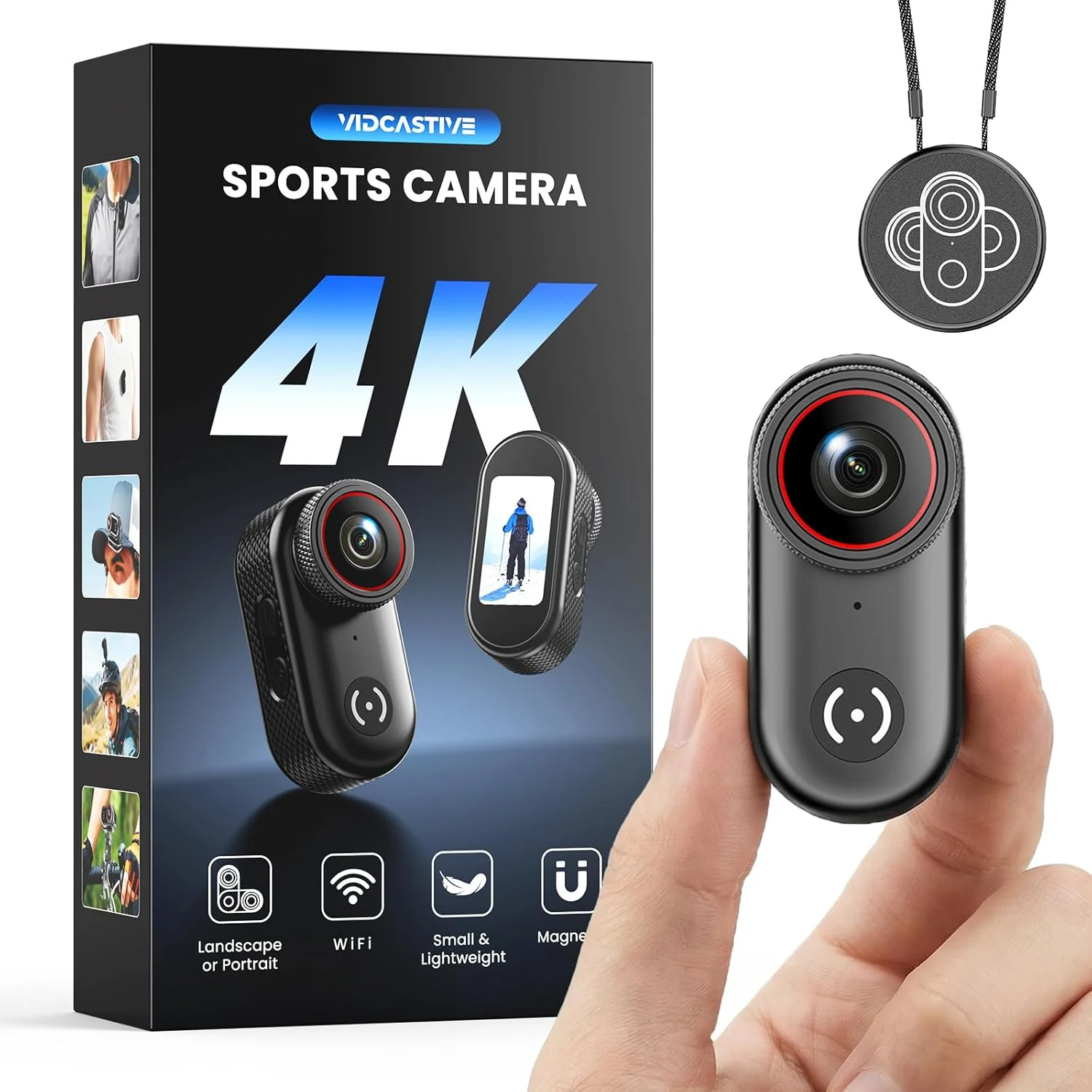 VIDCASTIVE 4K Mini Body Camera Wearable POV Action Cam with 1.47" Screen, 150-Min Battery, Magnetic & Clip Mount – Thumb-Size Sports Camera for Work, Travel, Pets and More (128 GB)
