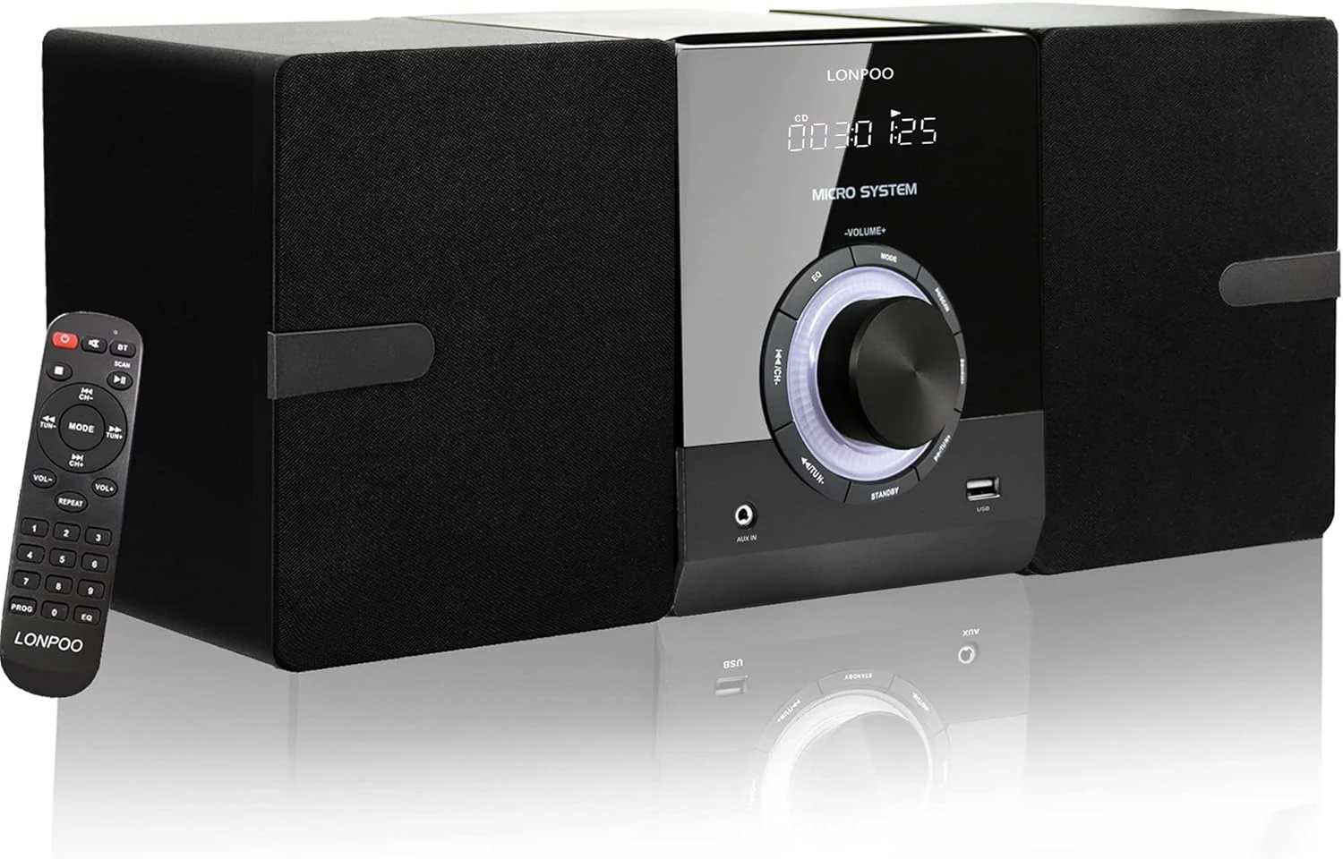 LONPOO LP-886 compact stereo shelf system with CD player, Bluetooth, and USB