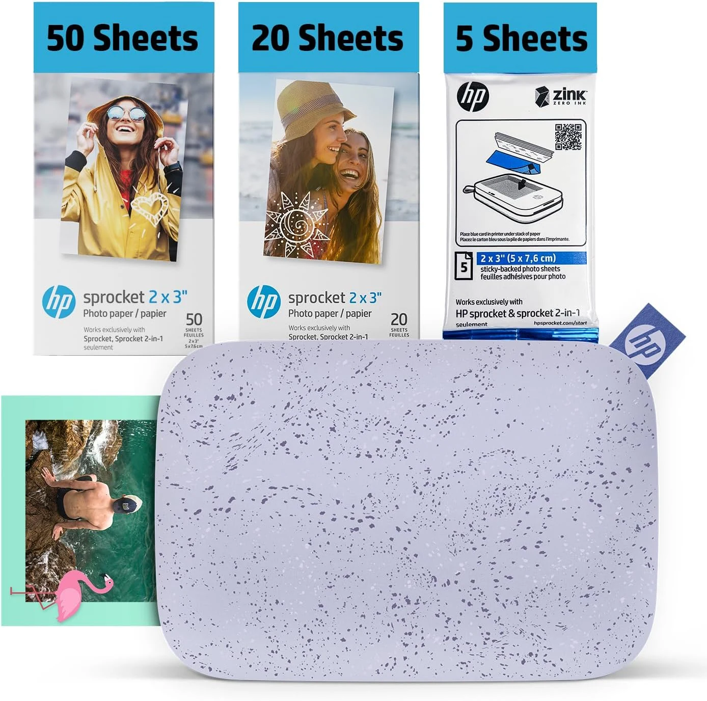 HP Sprocket 2x3 Instant Smartphone Photo Printer 75 Sheets Bundle (Purple) with Zink Sticky-Back Photos