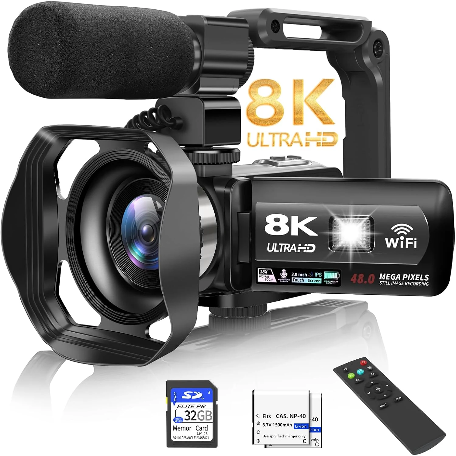 MURAUX 8K 48MP WiFi Vlogging Video Camera (with IR night vision, 3" touchscreen, mic, fill light)
