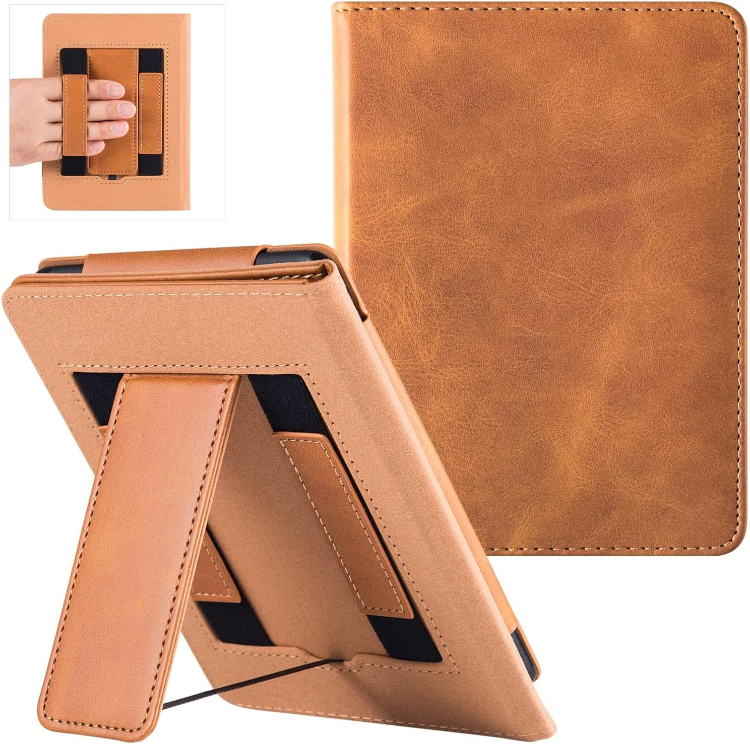 Stand Case for Older 6" Kindle Paperwhite 5th/6th/7th/10th Generation e-Reader (2012-2018 Release) - PU Leather Sleeve Cover with Two Hand Straps & Auto Sleep/Wake (Brown)